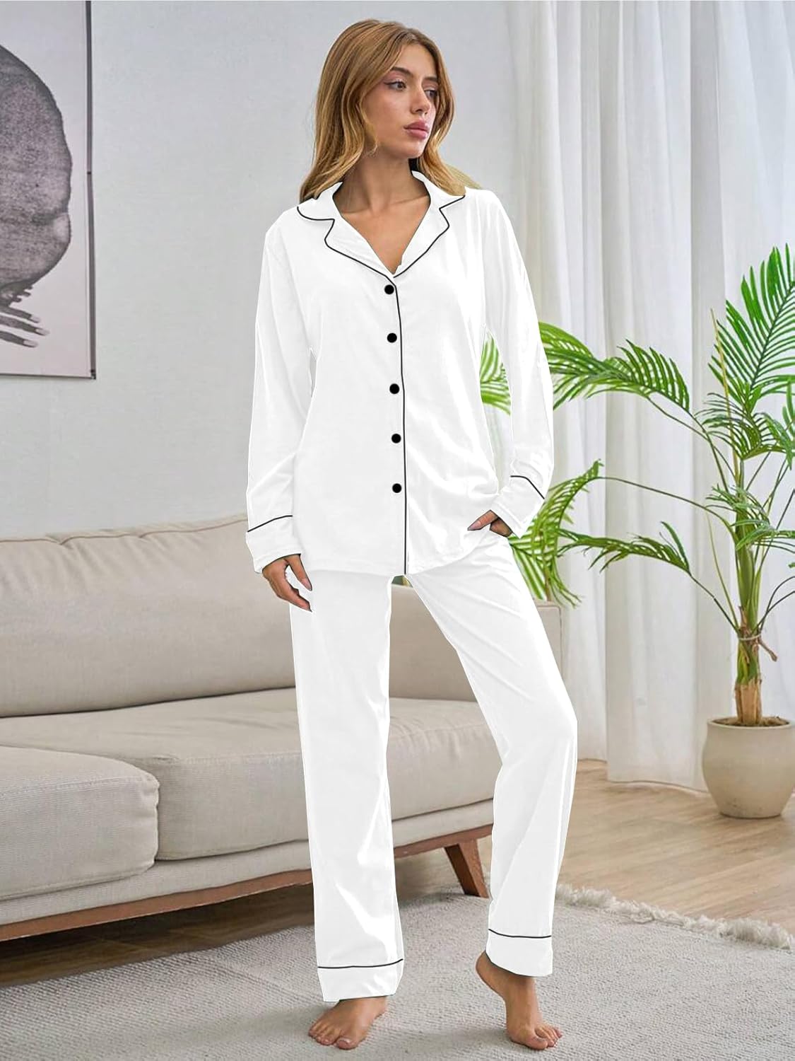 Womens Modal Button Up Pajamas 2 Piece Long Sleeve Comfy Pjs Sleepwear Soft Pajama Lounge Set Loungewear S-3XL - Image 5