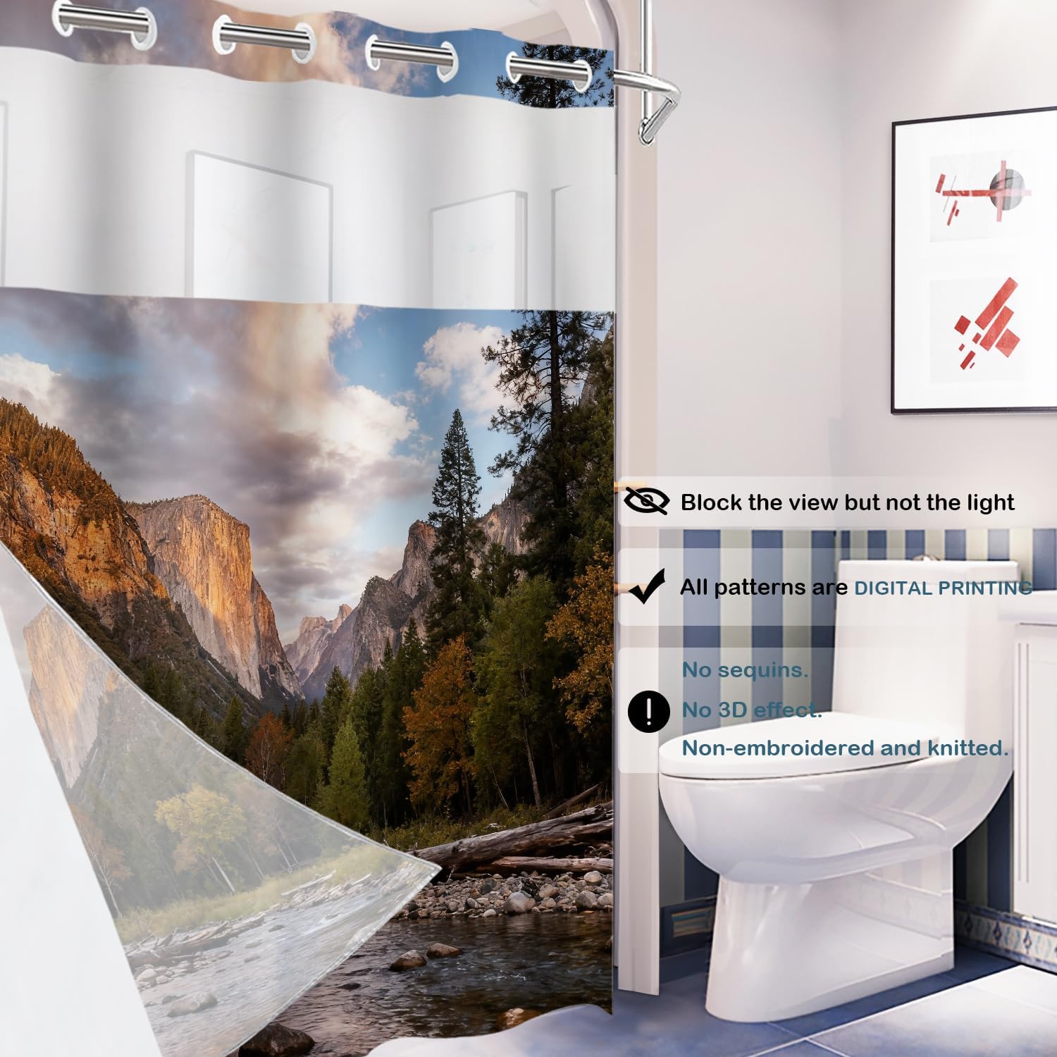 Batmerry Floral Pattern Decor Shower Curtain, Fan Shaped Blue Motifs Bathroom Decor Polyester Fiber Plastic Rings Quick-Drying Waterproof for Bathtubs/Bathroom, 72x72 inches