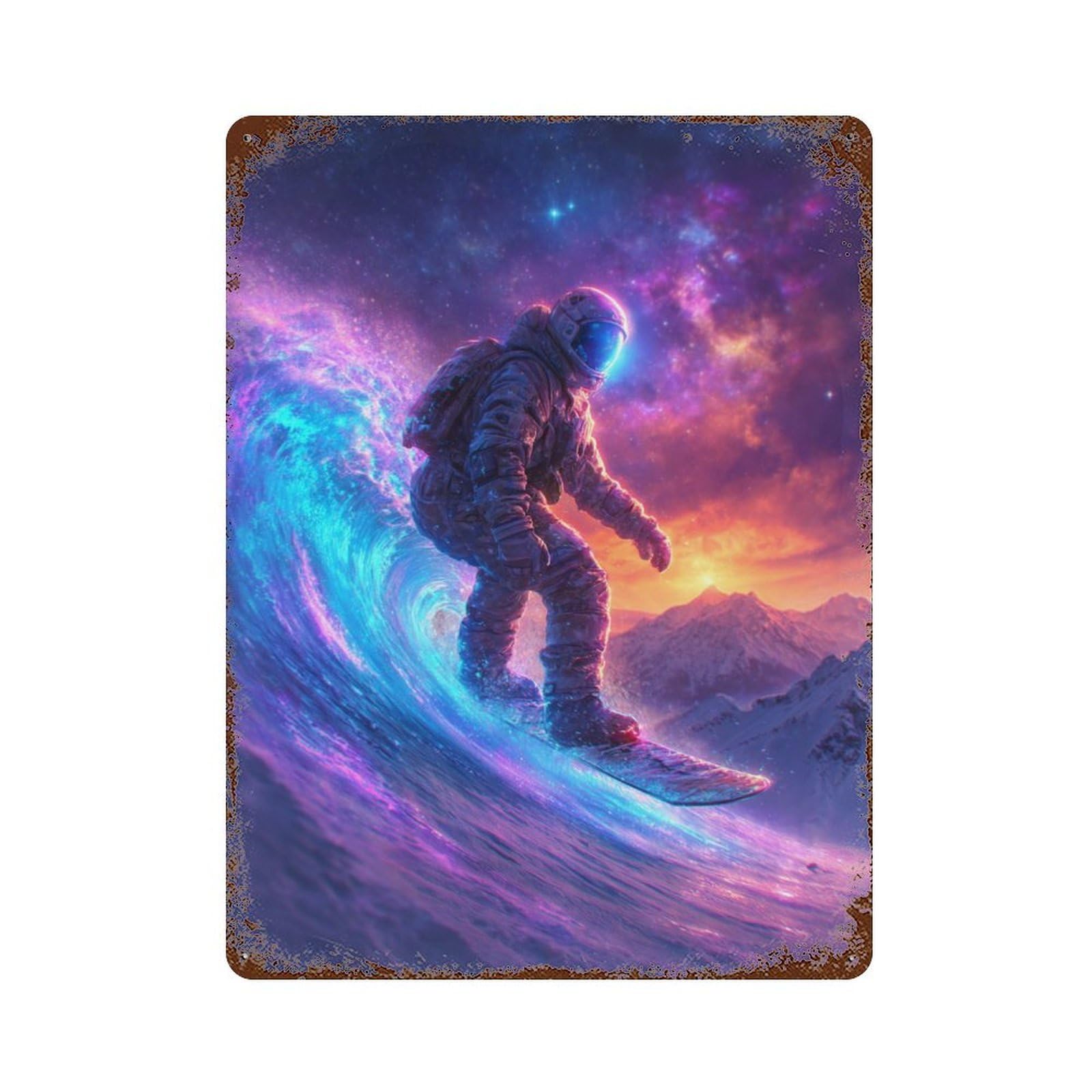 Astronaut Snowboarding in Space-2 Aged Metal Wall Plaque 15.7"x11.8", Industrial Home Decor for Garage, Pub Or Kitchen