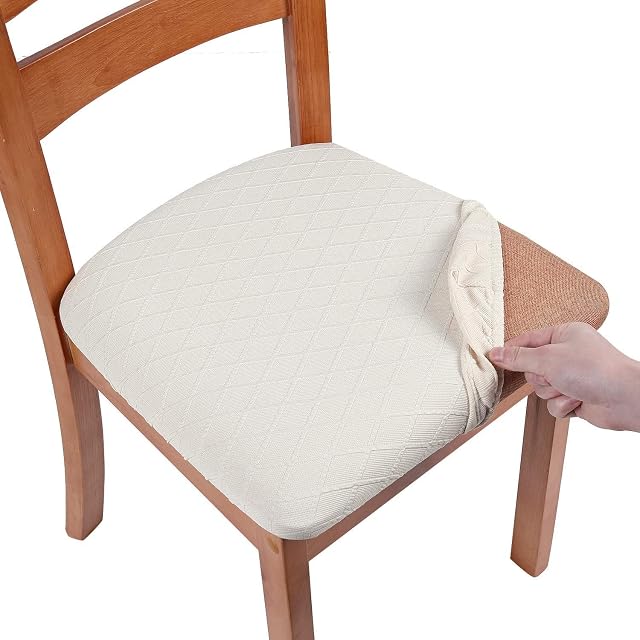 smiry Stretch Chair Seat Covers for Dining Room, Jacquard Dining Chair Seat Protectors Removable Washable Chair Slipcovers, Set of 1, Beige
