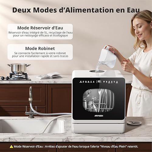 AIRMSEN 2025 NEW Upgraded Table Top Dishwasher, Countertop Dishwasher No Plumbing with Water Softener, 8+3 Wash Programs, 5L Tank, 1–18H Delay Start, Child Lock, 360° Dual Spray Arms - 3