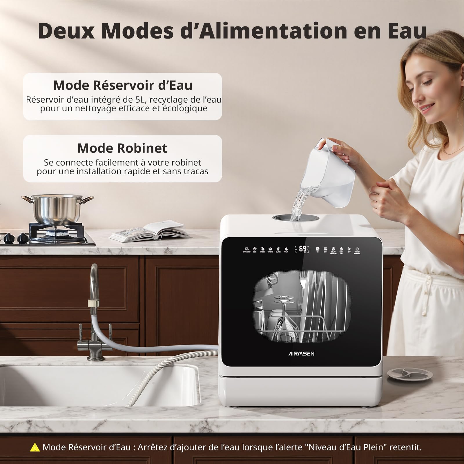 AIRMSEN Mini Lave-Vaisselle de Table Portable 5L 8 Programmes Départ Différé 1-18h Adoucisseur d'Eau Sécurité Enfant