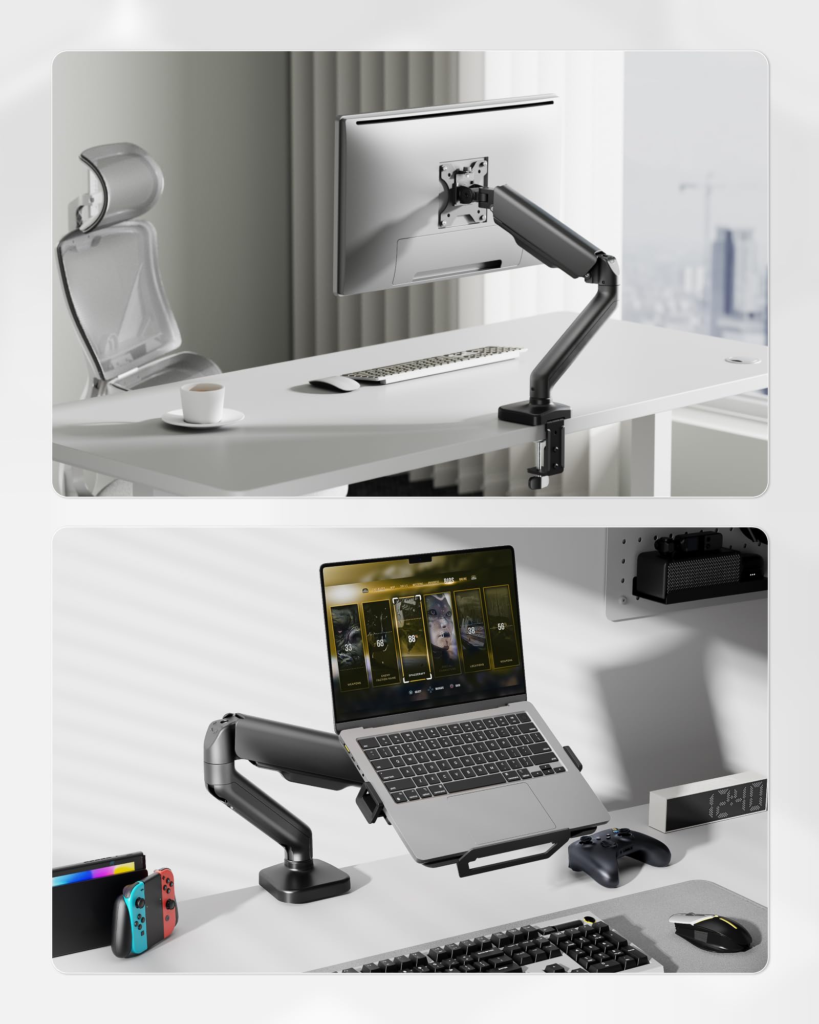 monTEK Soporte 2en1 Monitor 17-32" Portátil 12-18", VESA 75/100 | Brazo ajustable ergonómico con abrazadera y pasacables, montaje sencillo, ahorra espacio ideal para oficina y hogar