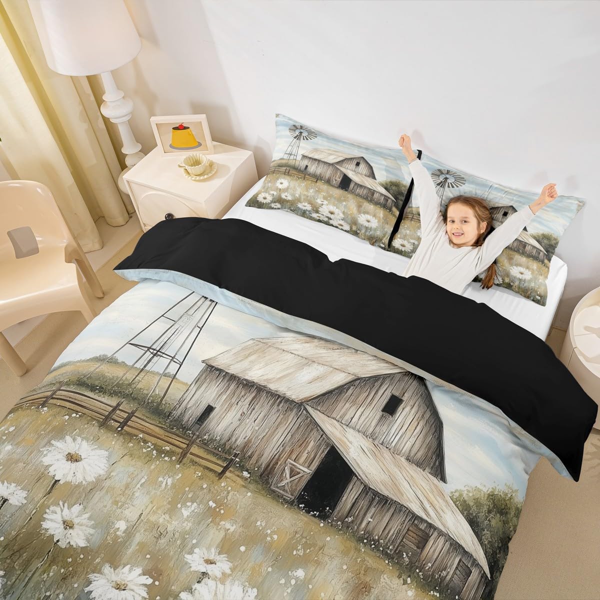 Erosebridal Farmhouse Duvet Cover Toddler Size Rustic Barn Farm Scene Bedding Set Rural Country Wild Flowers Comforter Cover Countryside Bed Set with 1 Pillow Case Bedroom Decor