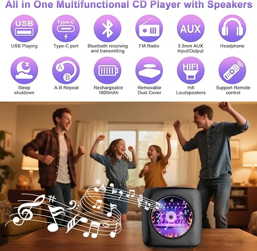 Miniatura 2 de Gueray Reproductor de CD portátil Bluetooth Reproductores de CD para el hogar Recargable de pared de escritorio Reproductor de CD portátil con