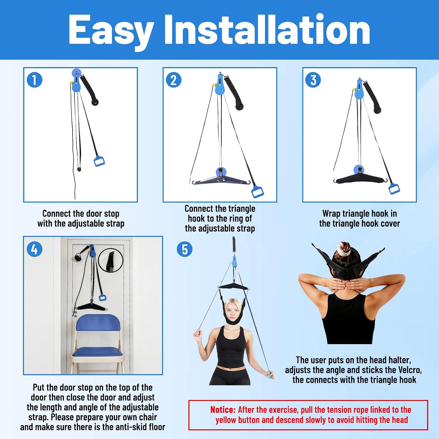 Cervical Neck Traction Device, Over The Door Neck Relief Tool with Ratchet System & Compression Spring, Portable Neck Stretcher for Spine Decompression (Blue)