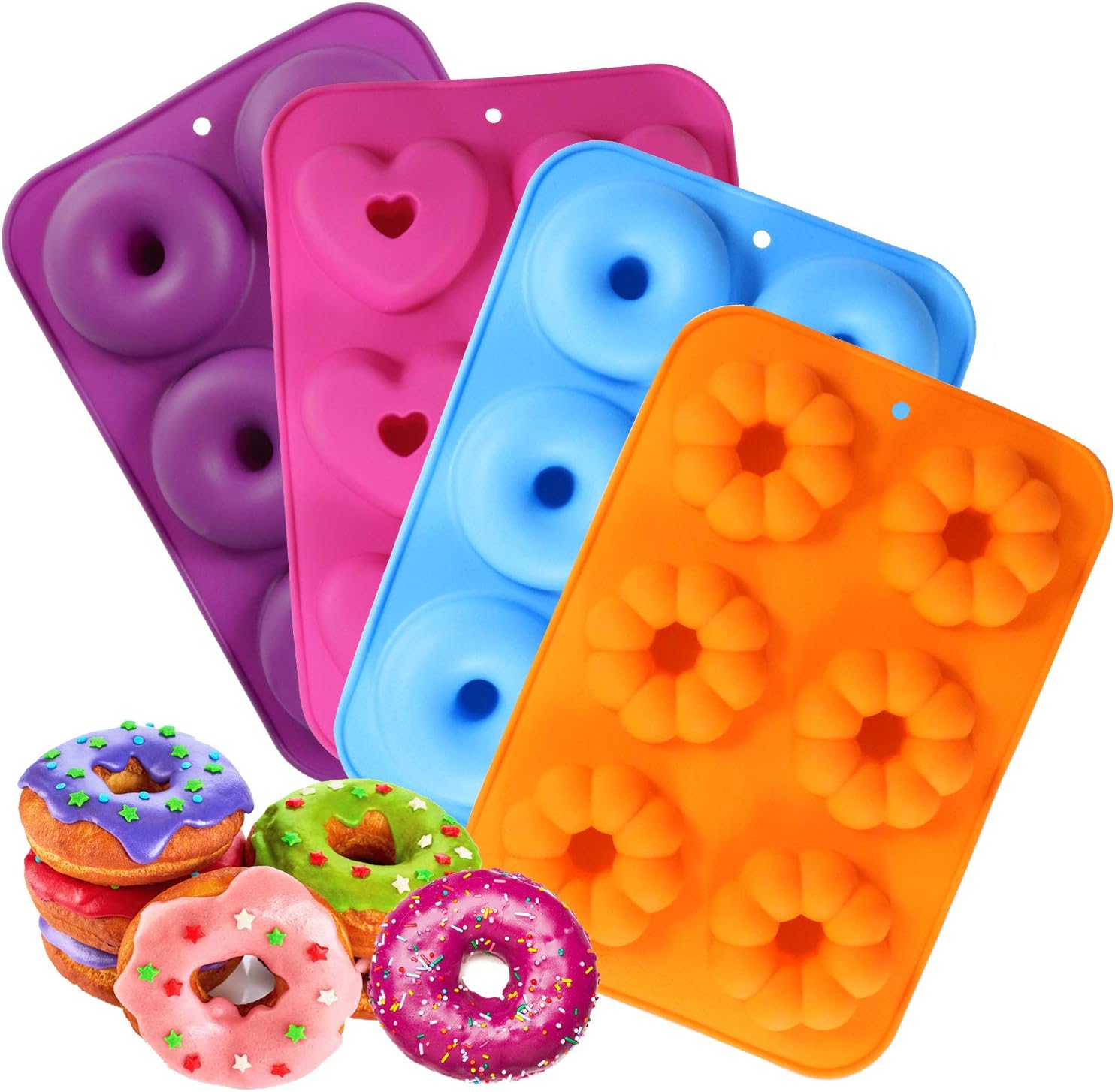 DMAIPUK Silicone Donut Molds, 4 Pack Silicone Doughnut Mould, Heat Resistant Up to 450ยฐF, 6 Cavity Non-Stick Safe Silicone Donut Baking Pan for Cake Biscuit Candy Bagels Muffins