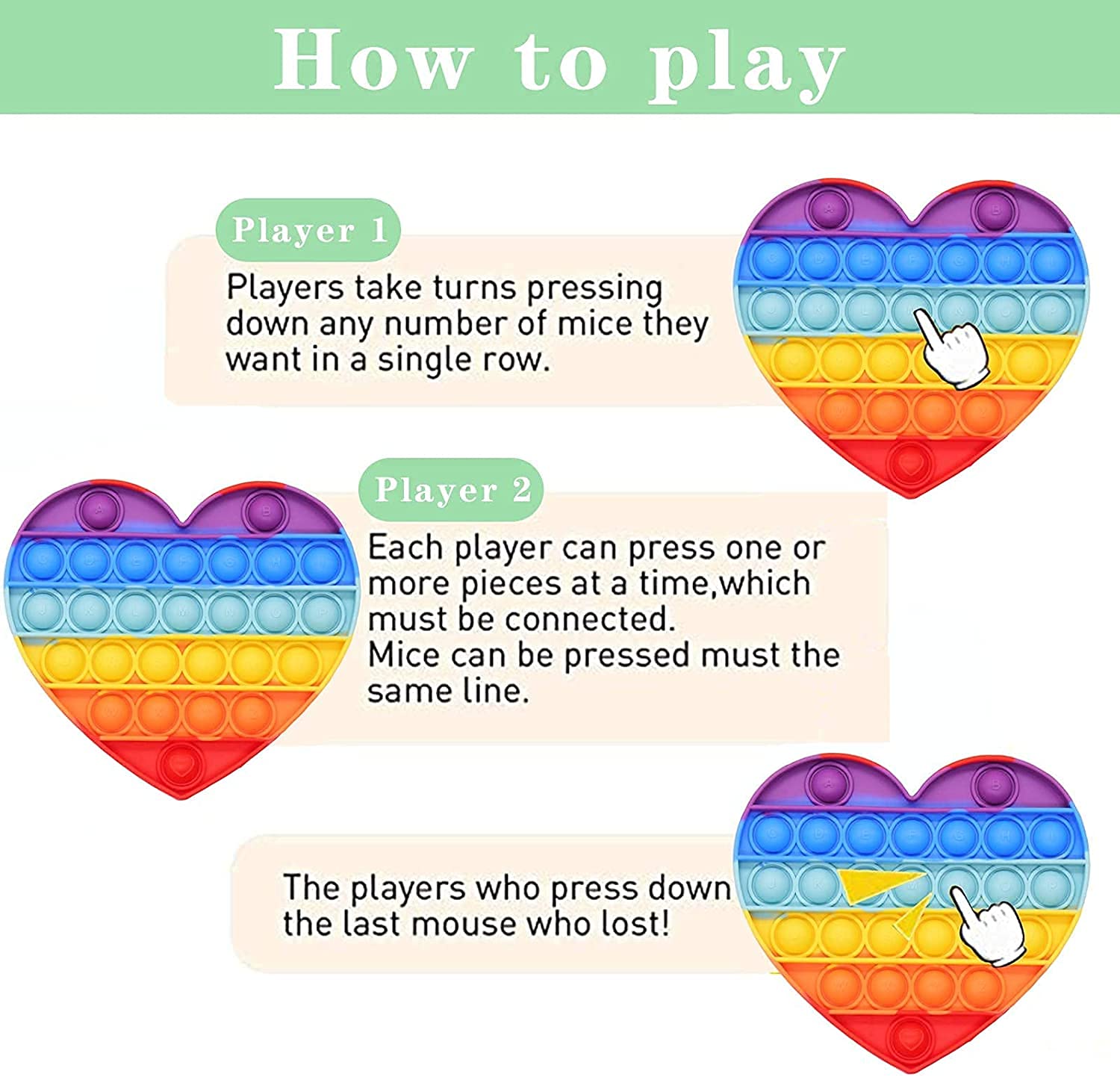 Chigy Wooh Pop It Bubble Fidget Toy, Stress Relief Toy, Sensory Toy Game for Kids, Pop Sound Toy, Gifts for Kids, Rainbow Color Popit Toys (Pack of 2, Heart, Square) 4