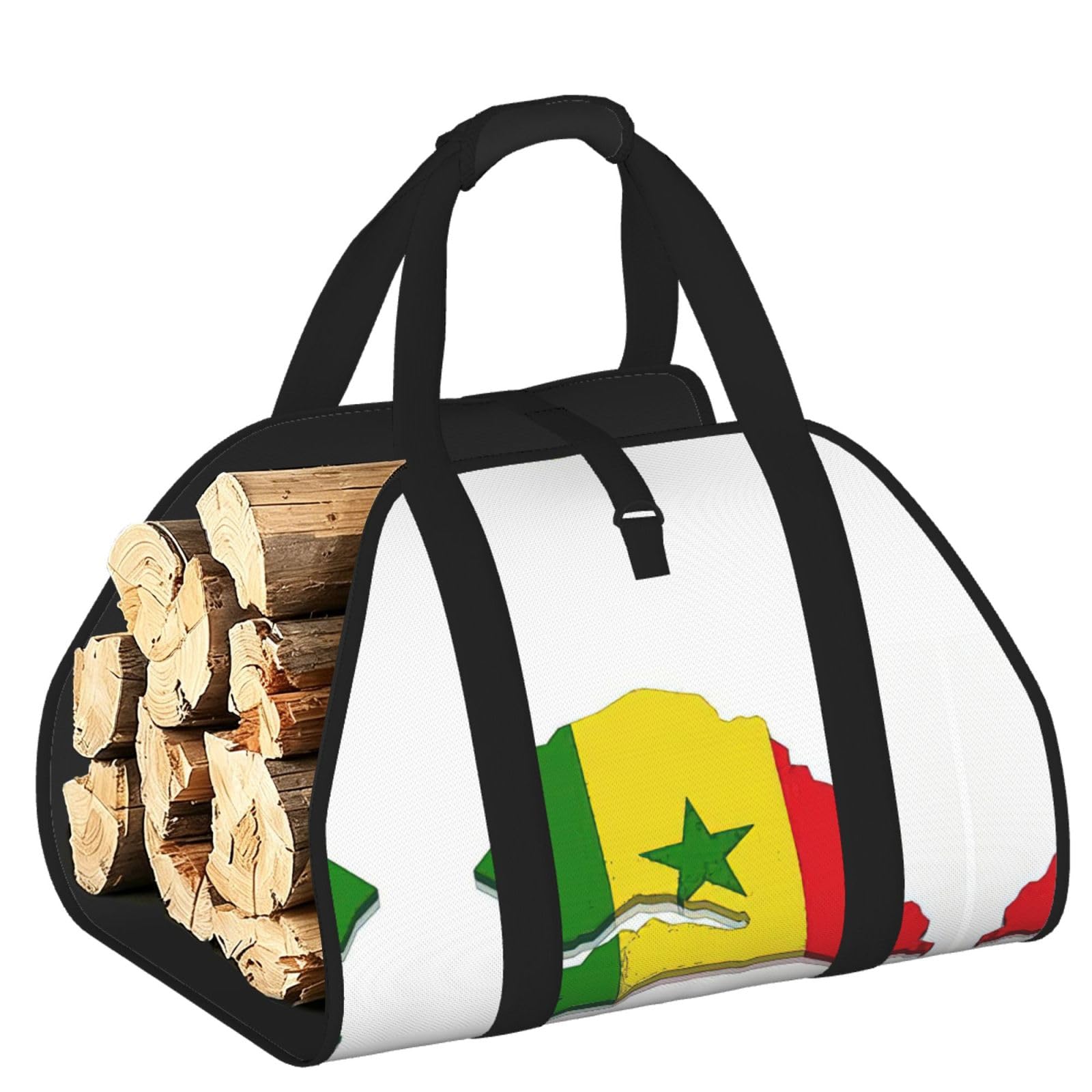 Senegal Flag Map Printed Firewood Carrier Bag, Log Tote with Open-Ended Design for Camping Outdoor Wood Hauling