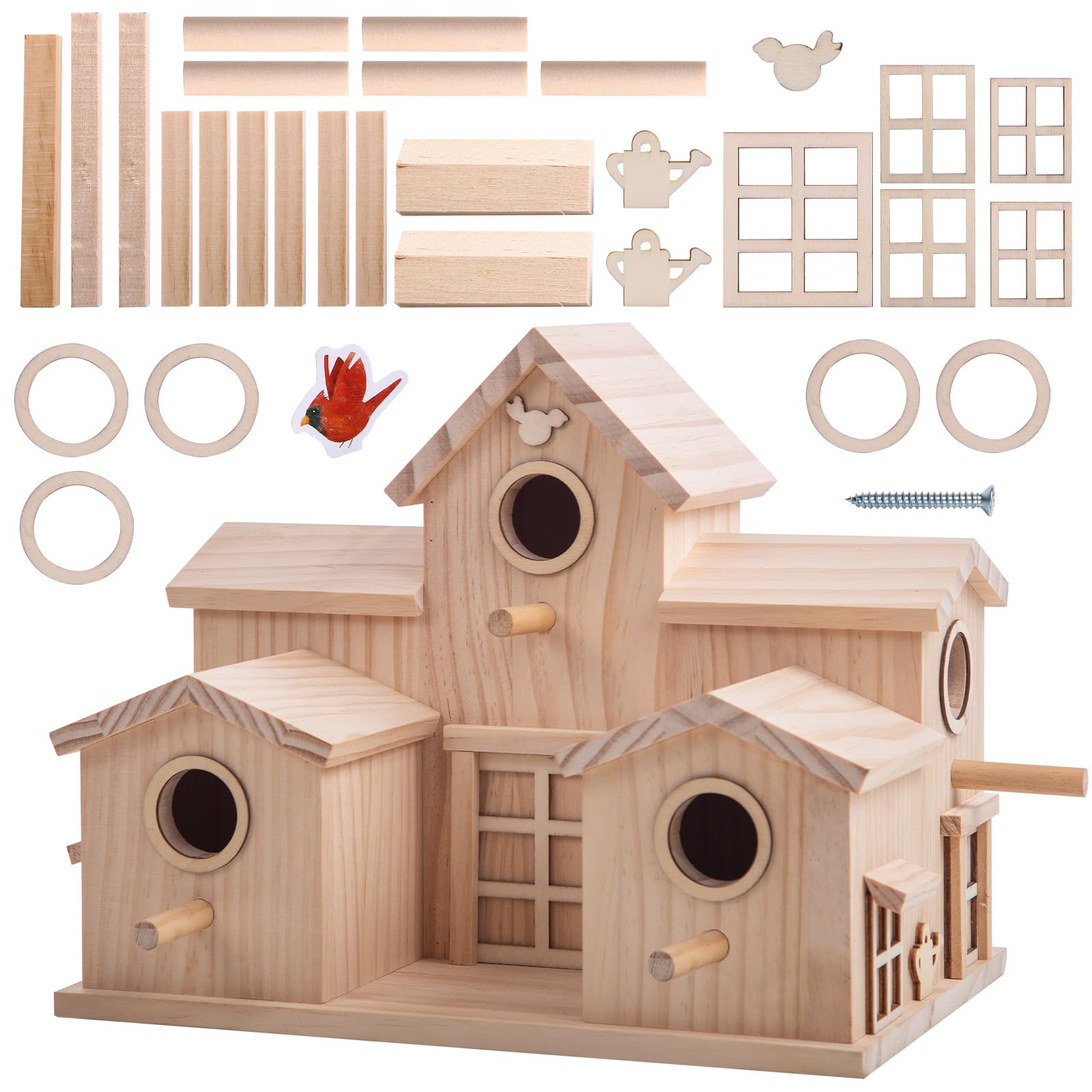 Vogelhaus aus Holz mit mehreren Einstiegslöchern, Kiefer natur, dekoratives Gartenvogelhaus