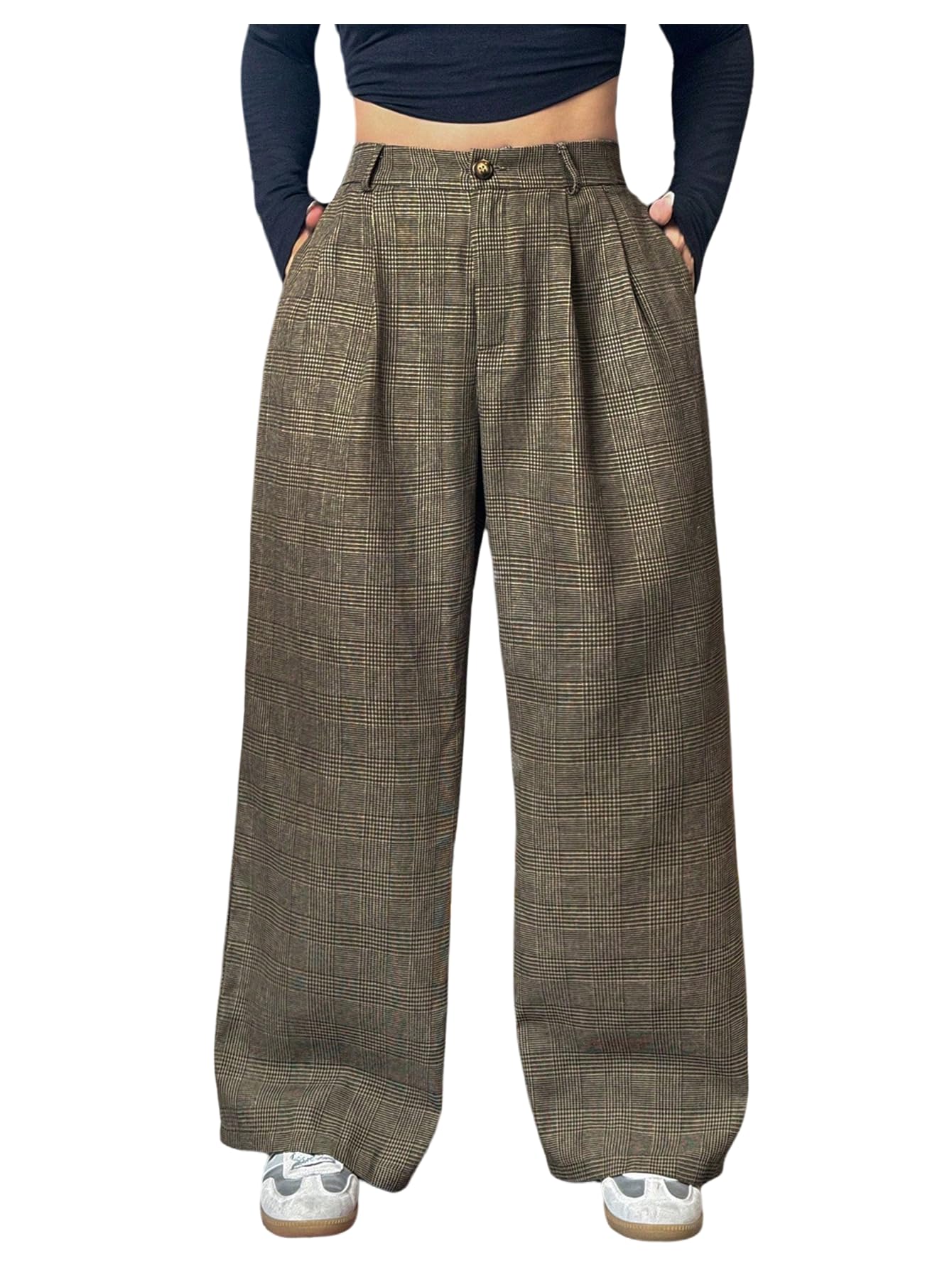 Floerns Womens Plus Size High Waisted Plaid Dress Pants Pleated Straight Leg Trousers