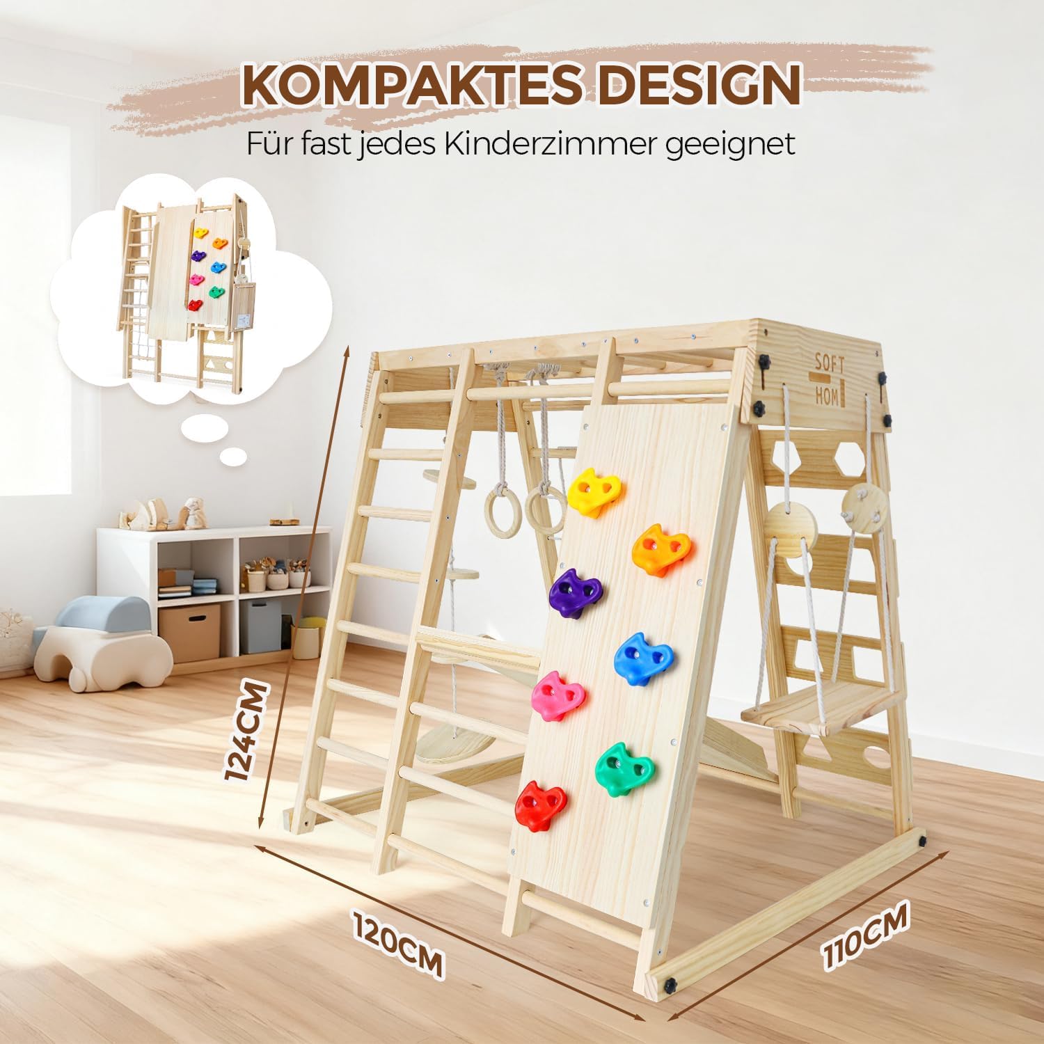 Klettergerüst Indoor, Groß&Klappbar, 12 in 1 Montessori Indoor Spielplatz für Kinder, Multifunktional Kletterausrüstung mit Rutsche/Schaukel/Kletterdreieck/Kletternetz, Kinderzimmer, Natur