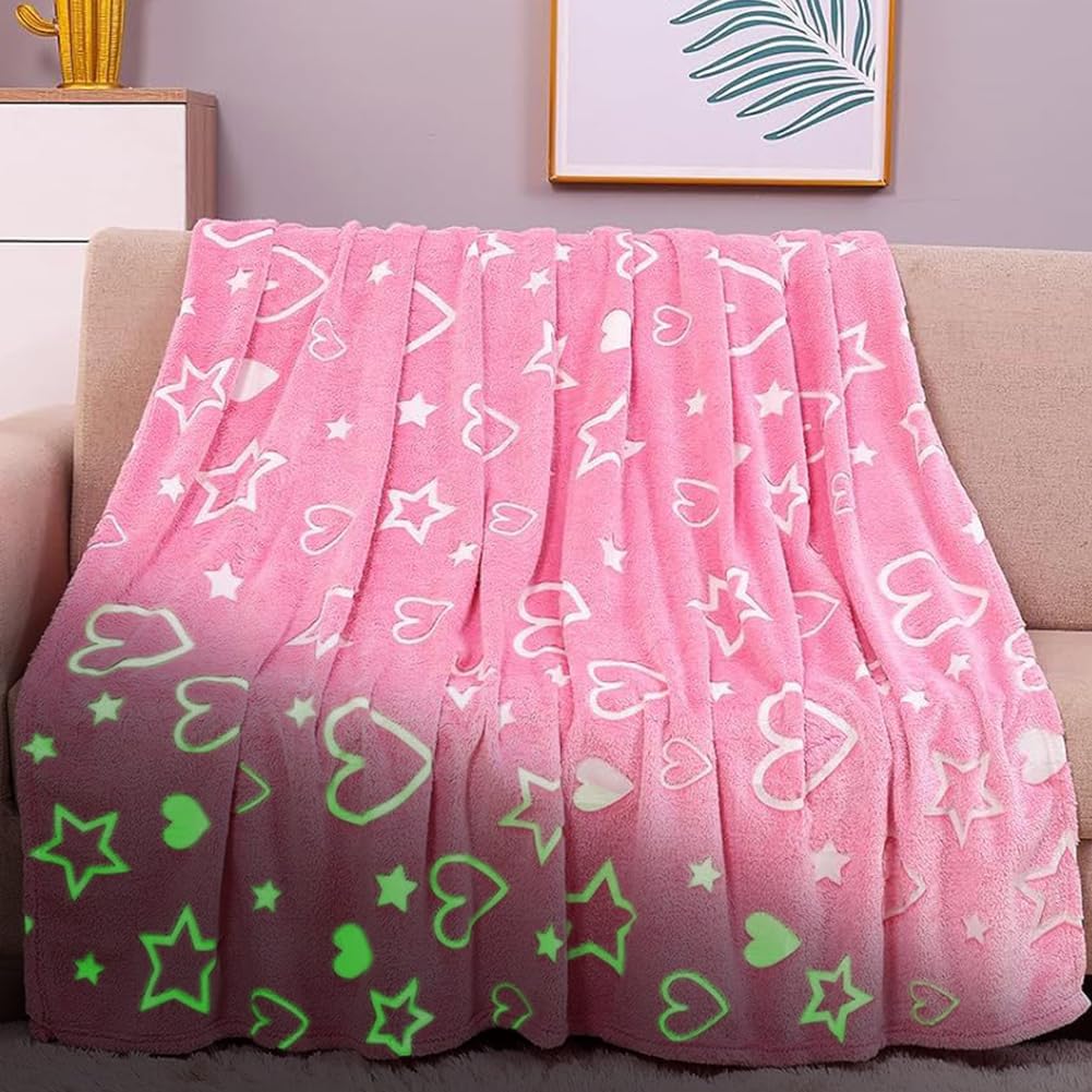 Kuscheldecke Kinder für Mädchen Junge - 150 x 130 cm Deck Glow in The Dark, Weiche Flauschig, Babydecke, Sofadecke, Kuschelig Warme Geschenk Decke für Weihnachten Geburtstag Ostern(Herzen Rosa)
