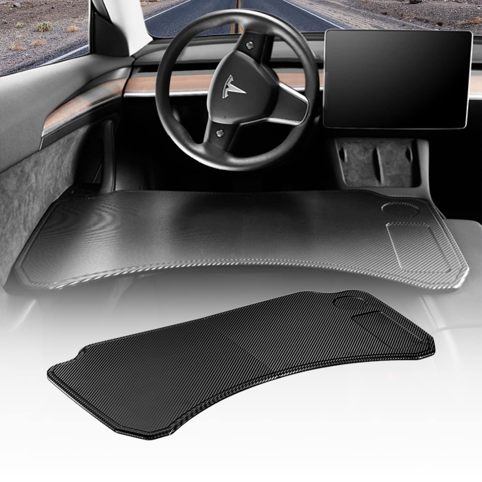 CusDusk Foldable Car Laptop Tray Desk for Tesla Model 3 / Y Accessories, Carbon Fiber Texture Car Table for Working/Travel/Eat Lunch/Charging/Makeup, Black Automobile Interior Decoration