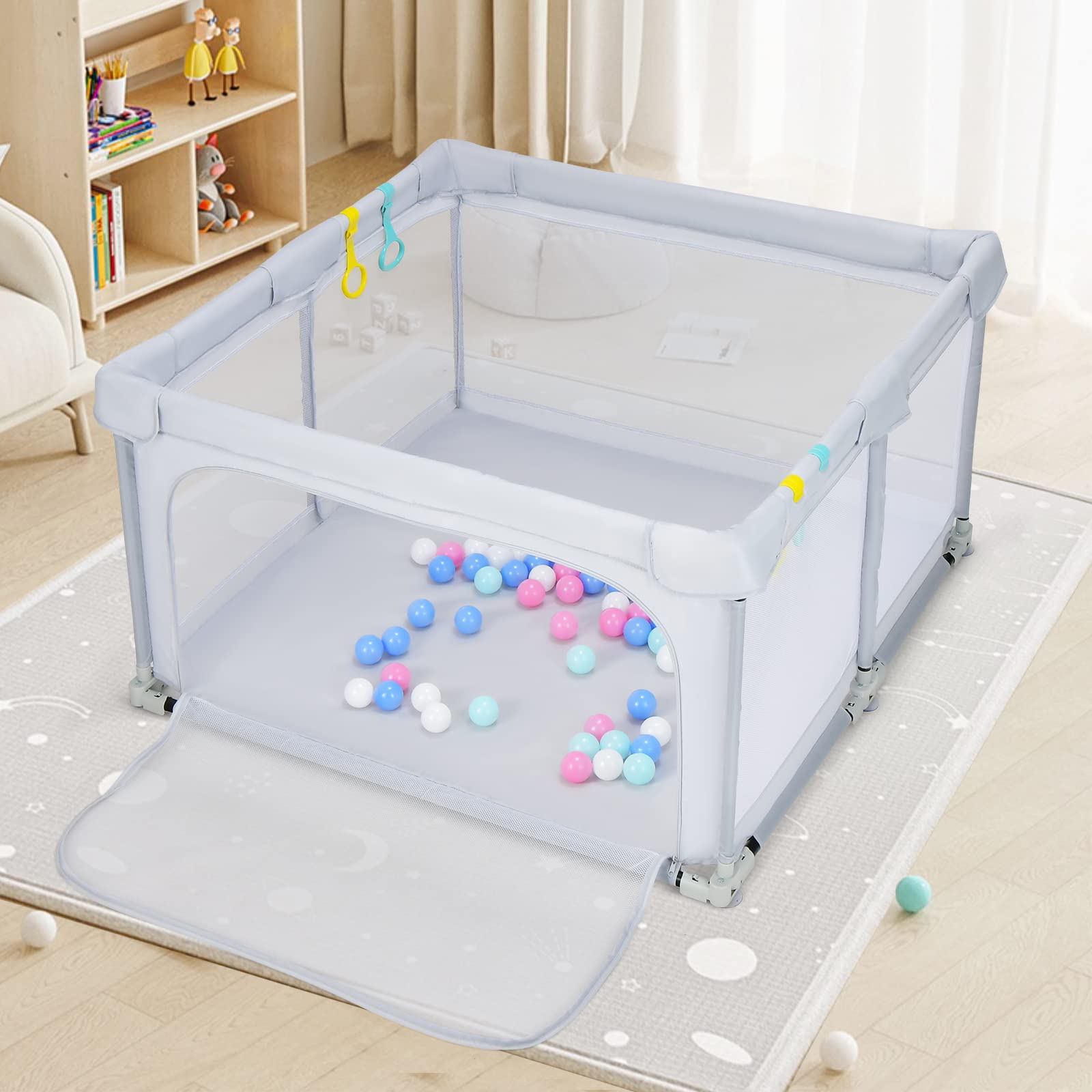 COSTWAY 124 x 124cm Baby Laufstall faltbar, tragbarer Laufgitter mit 50 Bälle, 4 Griffe, Verriegelungsfunktion, Krabbelgitter mit Netzwänden & Tür, Laufgitterzelt für Säuglinge & Kinder (Hellgrau)