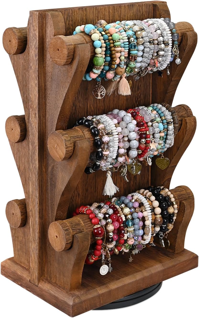 Ikee Design Two-Sided Rotating Wooden Jewelry Bracelet Display Stand-6 Removable Holders, 3 Tier Bar Bangle Organizer-Perfect for Bracelets and Jewelry Display for Vendors, Brown Color