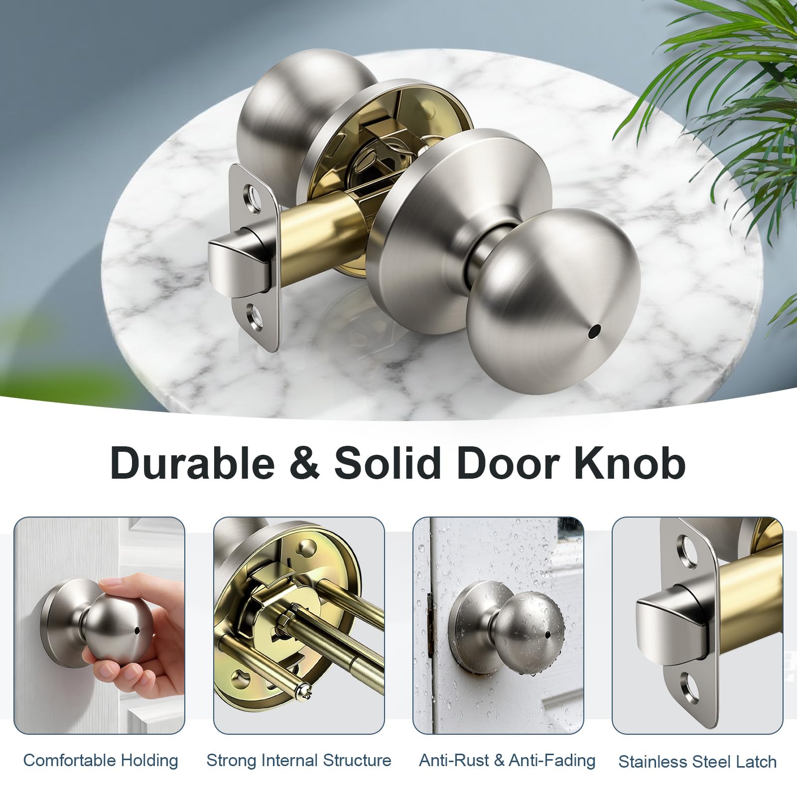 Brushed Nickel Door Knobs - Keyless Privacy -4