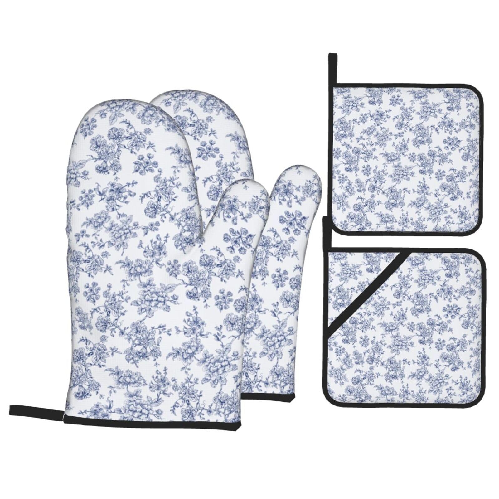 Blue Floral Oven Mitts and Pot Holders Sets - Vintage Kitchen Mitts Potholders 4 Pack Heat Resistant Light Blue Oven Gloves Hot Pads for Kitchen Baking Grilling Party