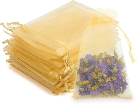 Kslong 100PCS Sheer Organza Bags Drawstring 4x6, Small Jewelry Mesh Bags Drawstring, Mesh Party Wedding Favor Bags for Small Business,Gift,Candy,Bracelet Packaging,Empty Sachet Bags Gold