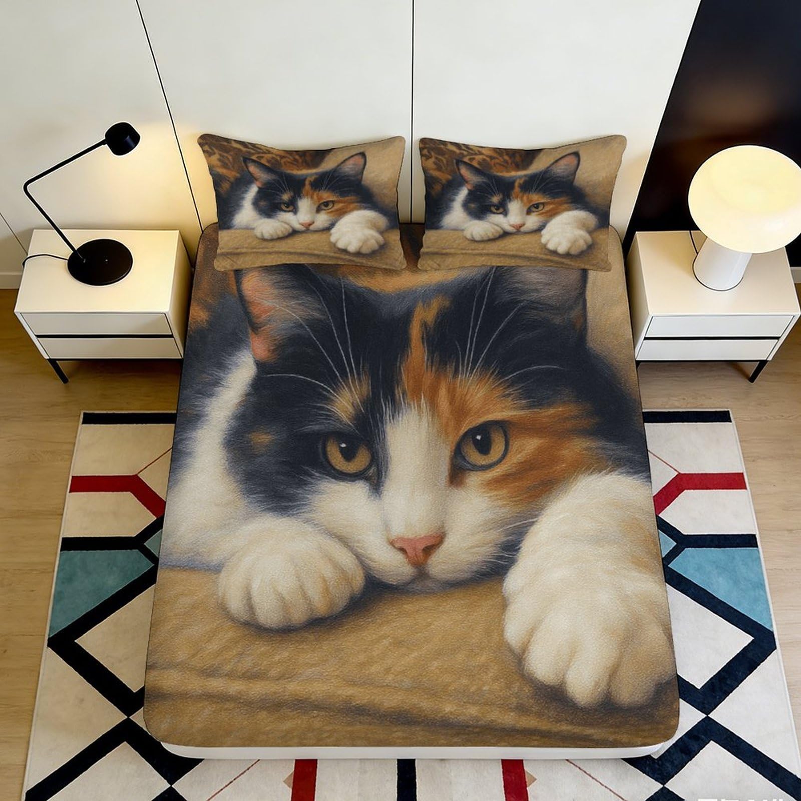 3D Printed Calico Cat Fitted Sheet Microfiber Soft Bedroom Decor Realistic Cat Mattress Cover for Home Guest Room 90x200x25cm