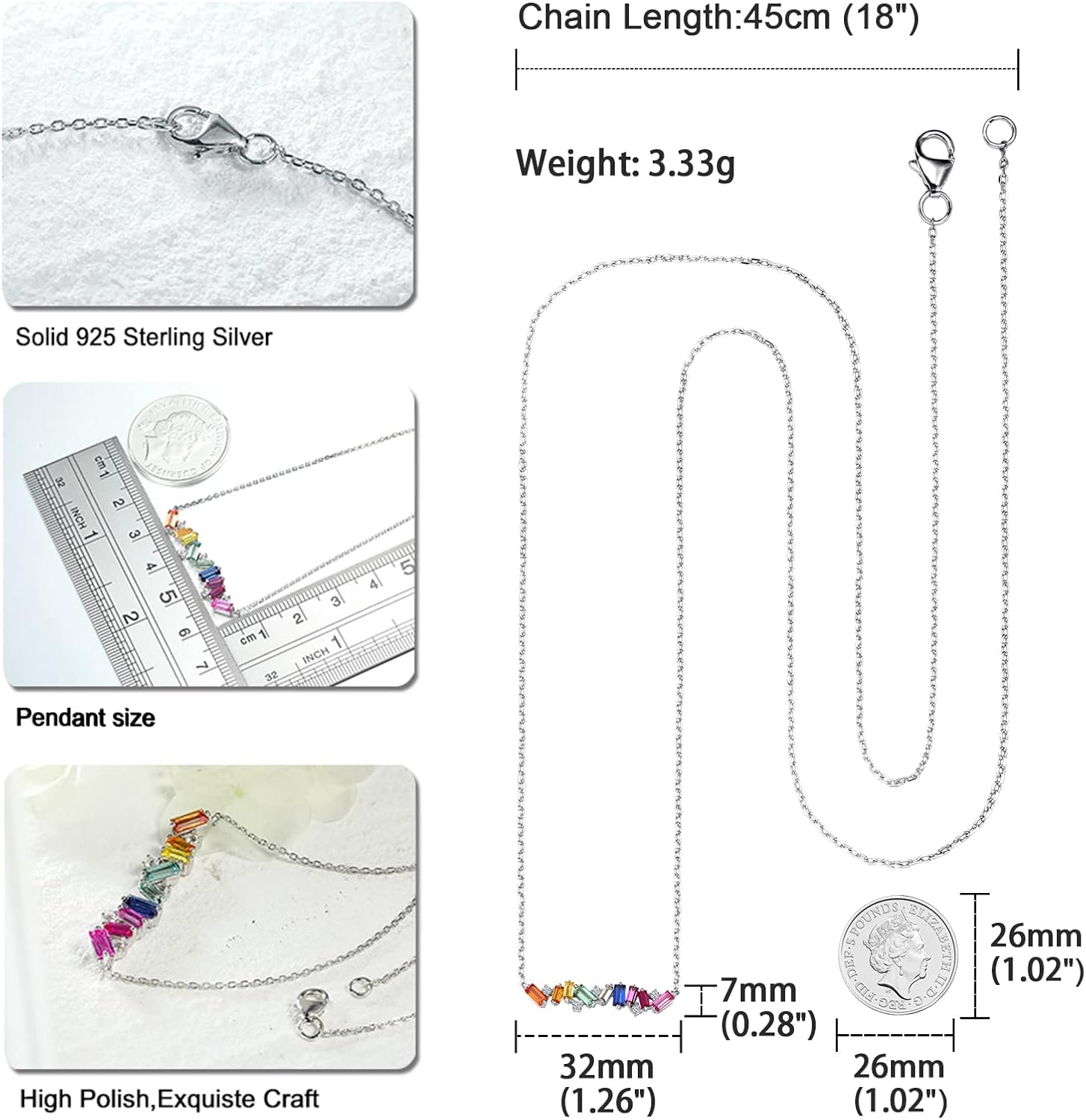 Curved Bar Baguette Necklace for Women 925 Sterling Silver Lab Created Colorful Gemstone Pendant Necklace - Image 6