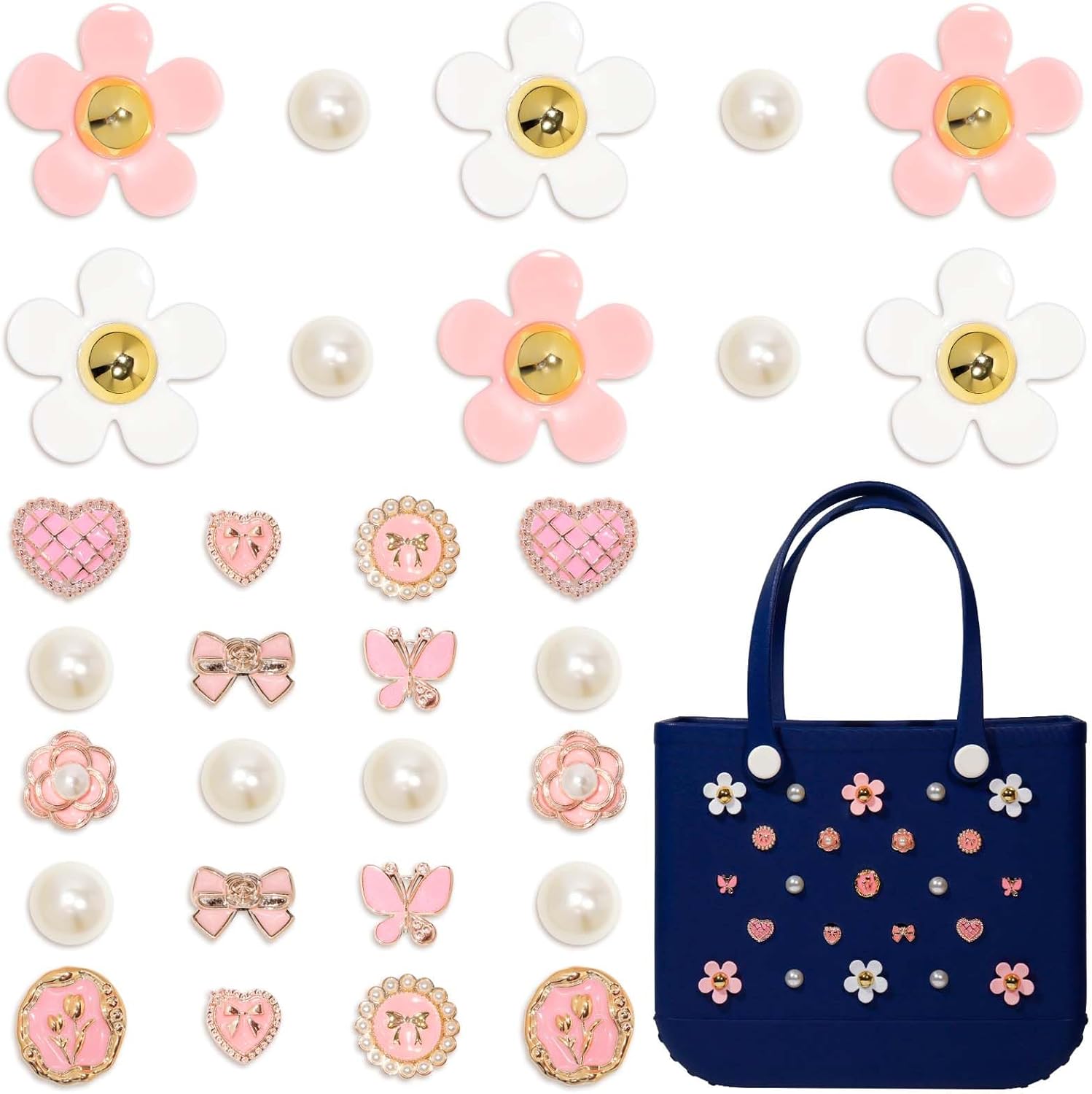 30 Pcs Pink Beach Charms for Bogg Bag, DIY Accessories Flower Pearl Cute Decoration Bag Charms for Bogg Bags Rubber Tote Beach Bags for Women