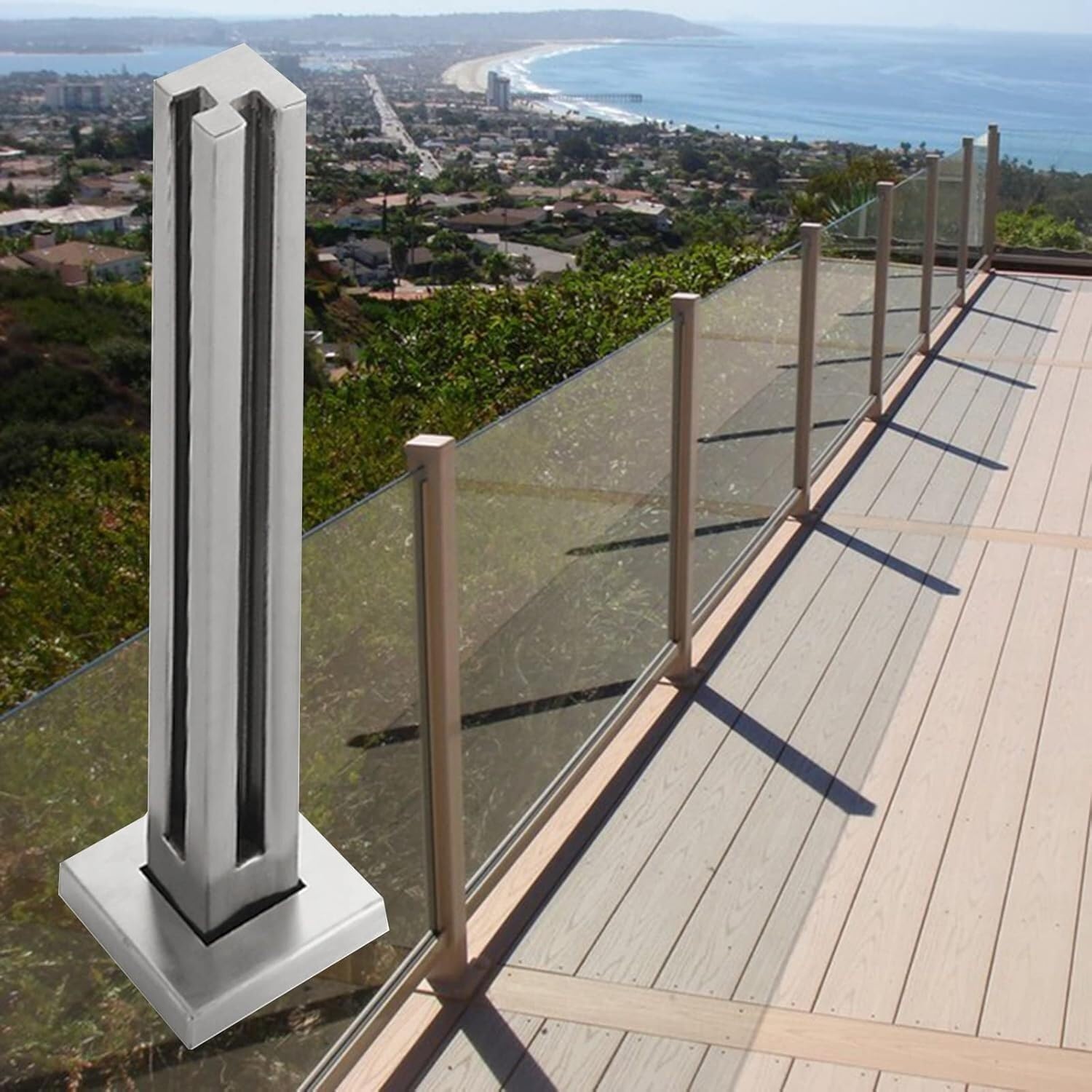 Stainless Steel Glass Floor Clamp Baluster Post for Stair Railing, 33.5" Corner Post for Hallway, Loft, Porch, Home Garden, Glass Panels Balustrade