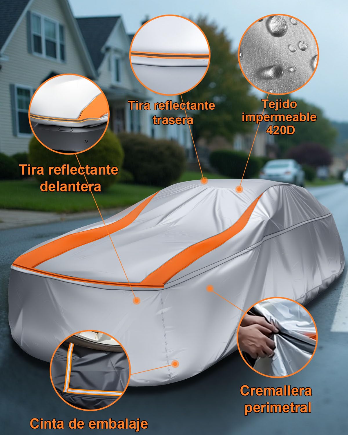 Funda Coche Exterior Totalmente Cerrada para Longitud 385-415cm, Impermeable Protección UV Antipolvo y Rasguño para Sedán Hatchback