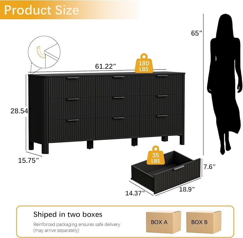 Wodeer 9 Drawer Black Dresser for Bedroom, 62" W Wood Storage Cabinet with Fluted Design, Modern Chest of Drawers & TV Stand for Living Room, Nursery Clothing Organizer with Metal Slides, Anti-Tipping image 2