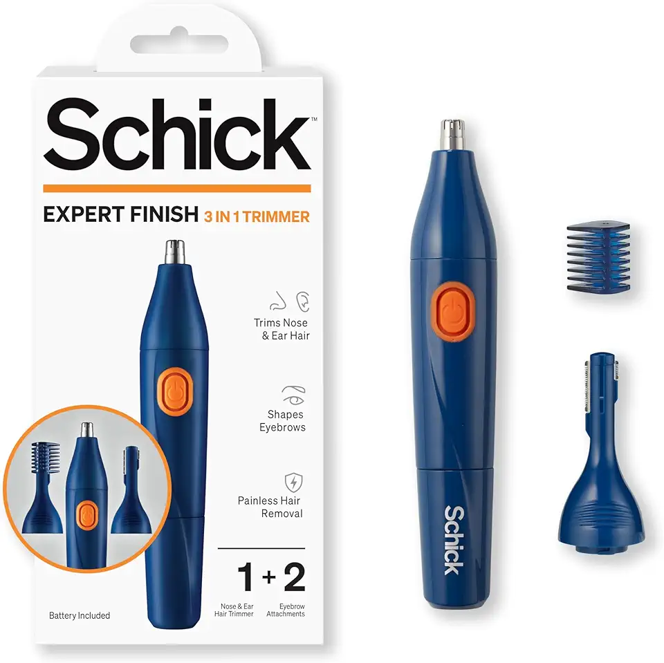 Schick Hair Trimmer, 3-in-1 Trimmer for Nose, Ear &amp; Eyebrows, Painless Hair Removal, Cordless, Quick-Change Attachments, Waterproof, Expert Finish, Unisex Grooming