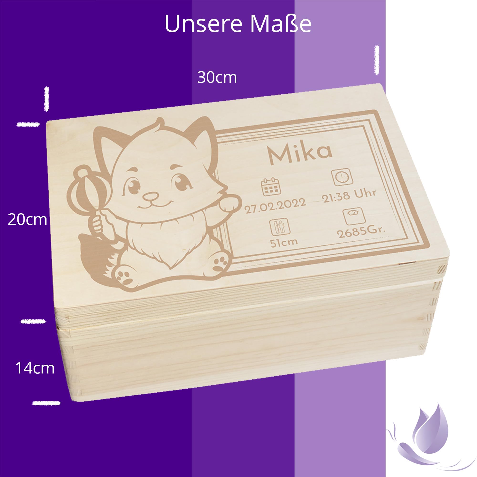 Scatola dei ricordi personalizzata per neonati e bambini con incisione volpe, scatola in legno per bei ricordi, 30 x 20 x 14 cm