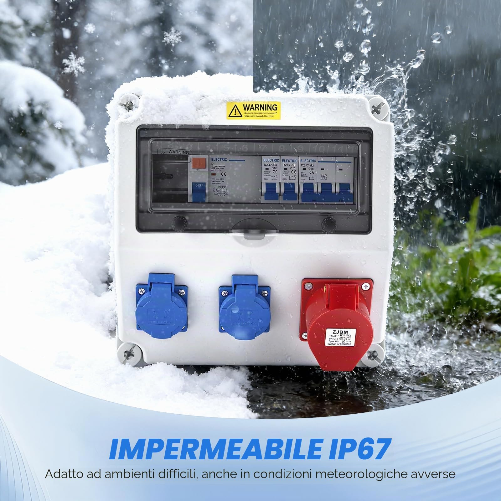Scatola di Distribuzione a Parete con interruttore automatico e dispositivo di corrente residua, Impermeabile Quadro Elettrico da Cantiere con presa Schuko e presa CEE da 16 A