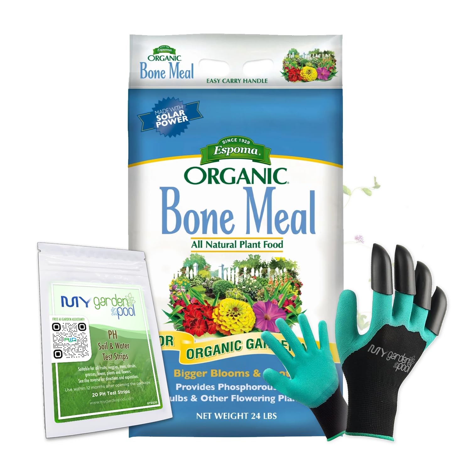 Espoma BM24 Bone Meal 24 lb. Bag with My Garden Pool PH Soil Test Strips 20 ct, and Superior Gardening Claw Gloves and Garden-IQ, Smart Gardening Assistant!