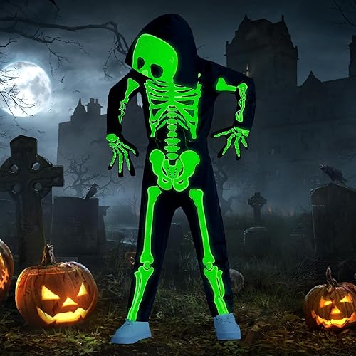 Miniatura 30 de Weixinbuy Disfraz de esqueleto de Halloween para niños, overol luminoso de huesos de calavera aterrador que brilla en la oscuridad, traje para niño