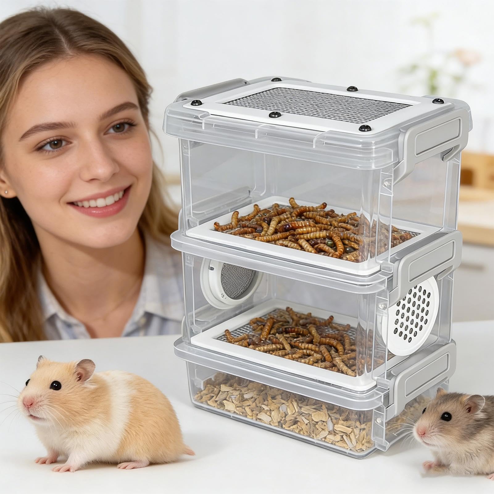 Scatola per allevamento di vermi della farina, set di contenitori stabili con pinzette, serbatoio per piccoli animali, rettili, lucertole, tartarughe, cortile, aule, progetti scientifici, campeggio