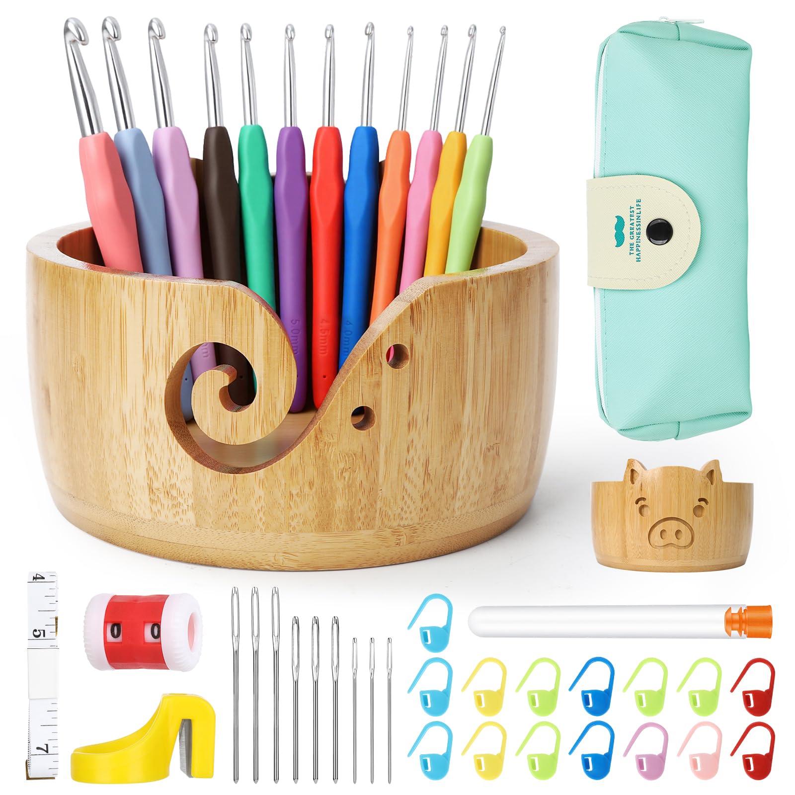 Wooden Pig Yarn Bowl Set, 6.7in x 4.1in Large Yarn Bowl for Crocheting, Complete Crochet Accessories Kit with 12 Size Crochet Hooks, Tape Measure, Counter, Scissors &amp; Storage Bag