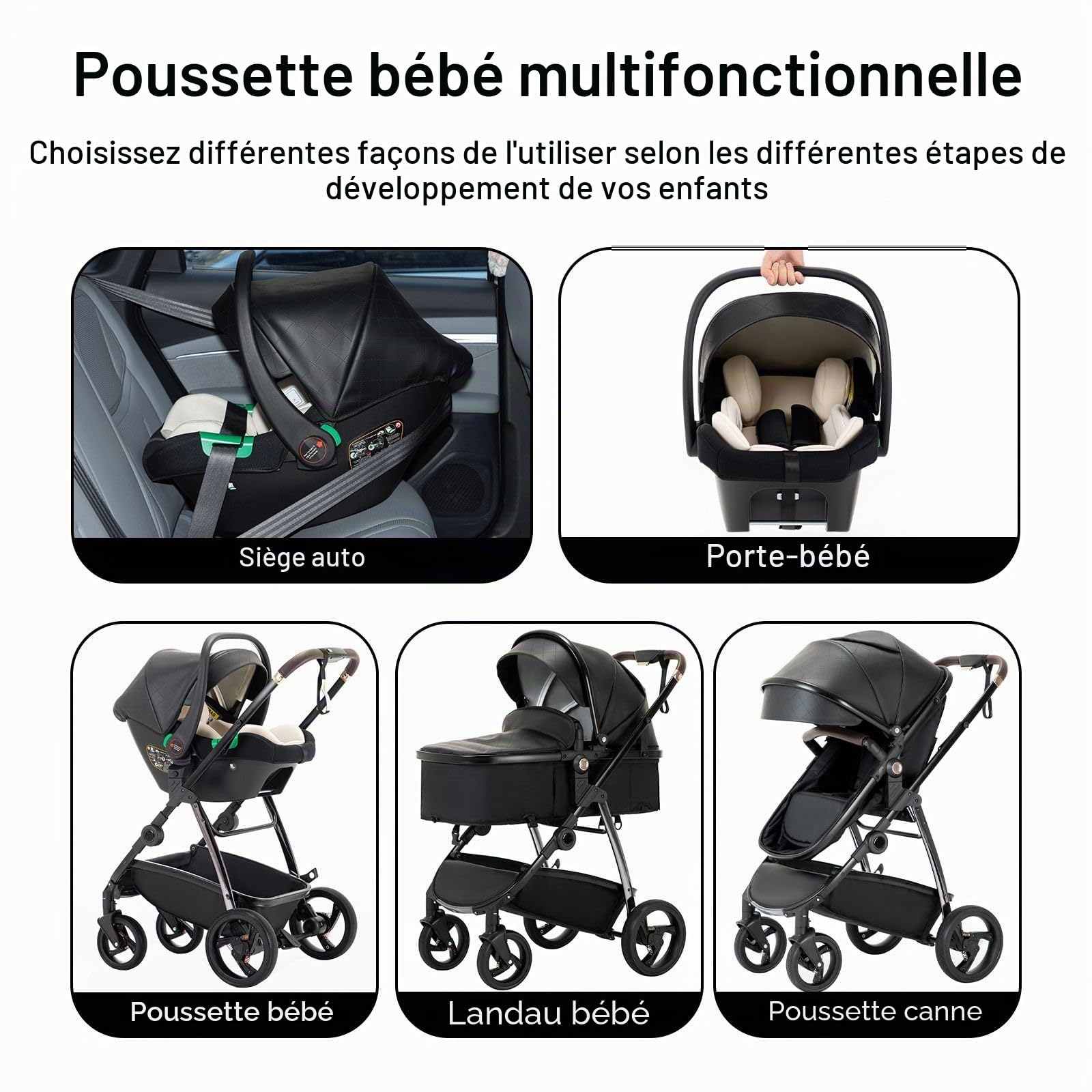 Cuir 3 en 1 Poussette Combinée, Poussettes Citadines Avec ECE R129 Siège Auto, One Click Pliant Poussette Bébé-né Haute Vision Cadre en Aluminium Poussette pour Nouveau(22kg, 0-4Ans)