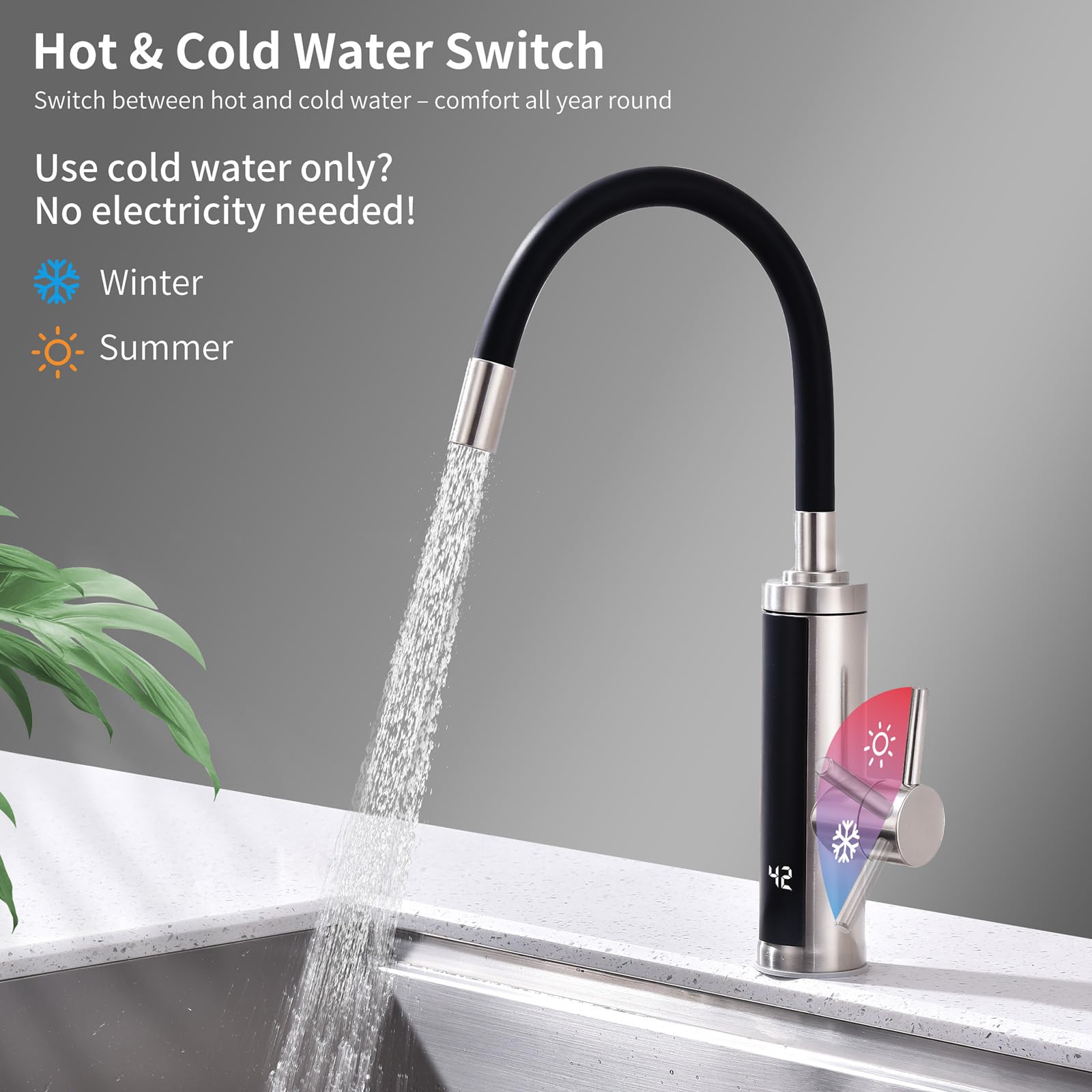 HOMELODY Wasserhahn mit Durchlauferhitzer 230V, 3300W Elektrischer Wasserhahn Sofort Heißes Küchenarmatur mit Flexibler Auslauf & LED-Display, Anti-Spritz Edelstahl Küchenarmatur, 360º Schwenkauslauf