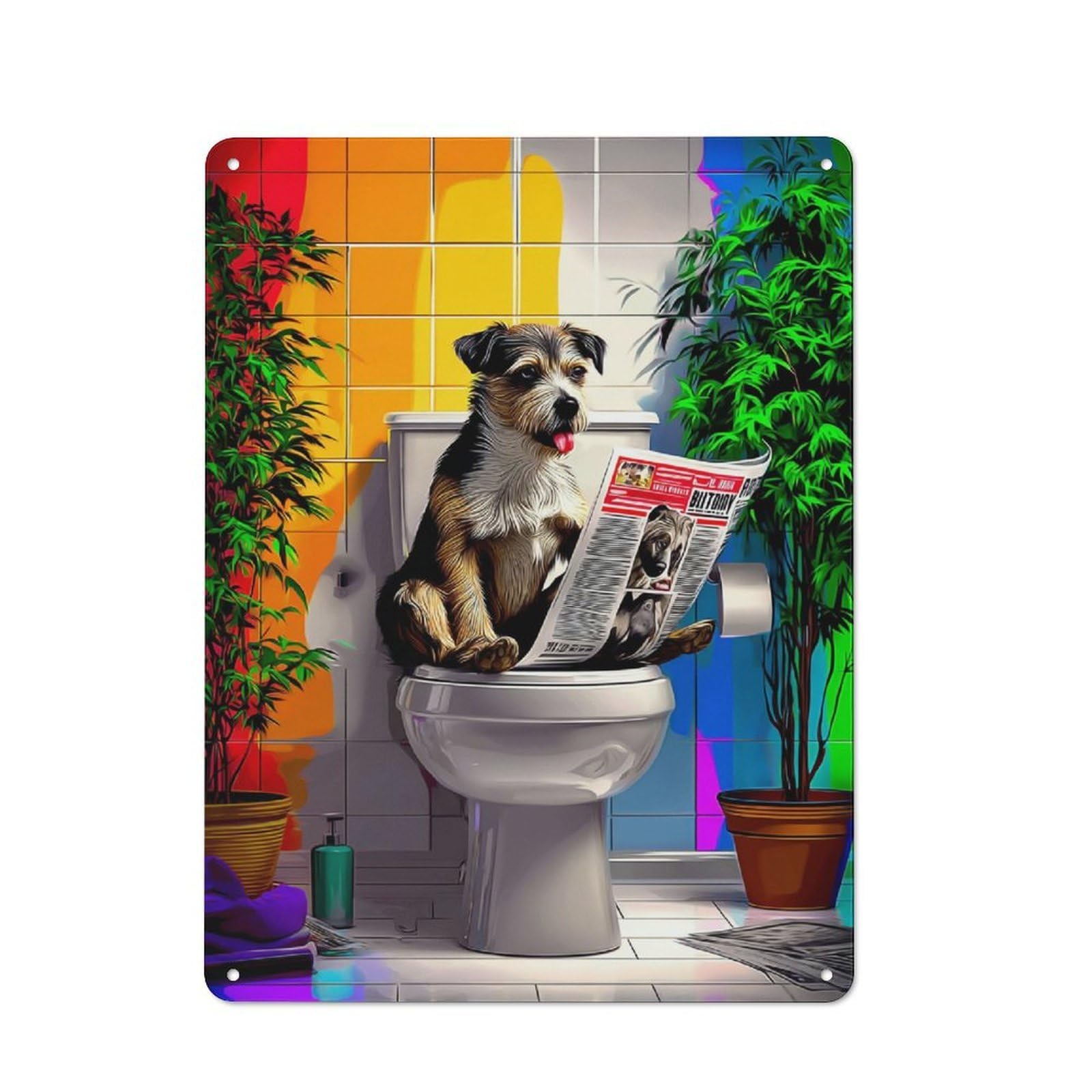 Junmoney Dog Reading Newspaper On Toilet-3 Loft Style Metal Wall Decor 40X30cm, Decorative Metal Plaque For Loft, Studio, Office Or Creative Room