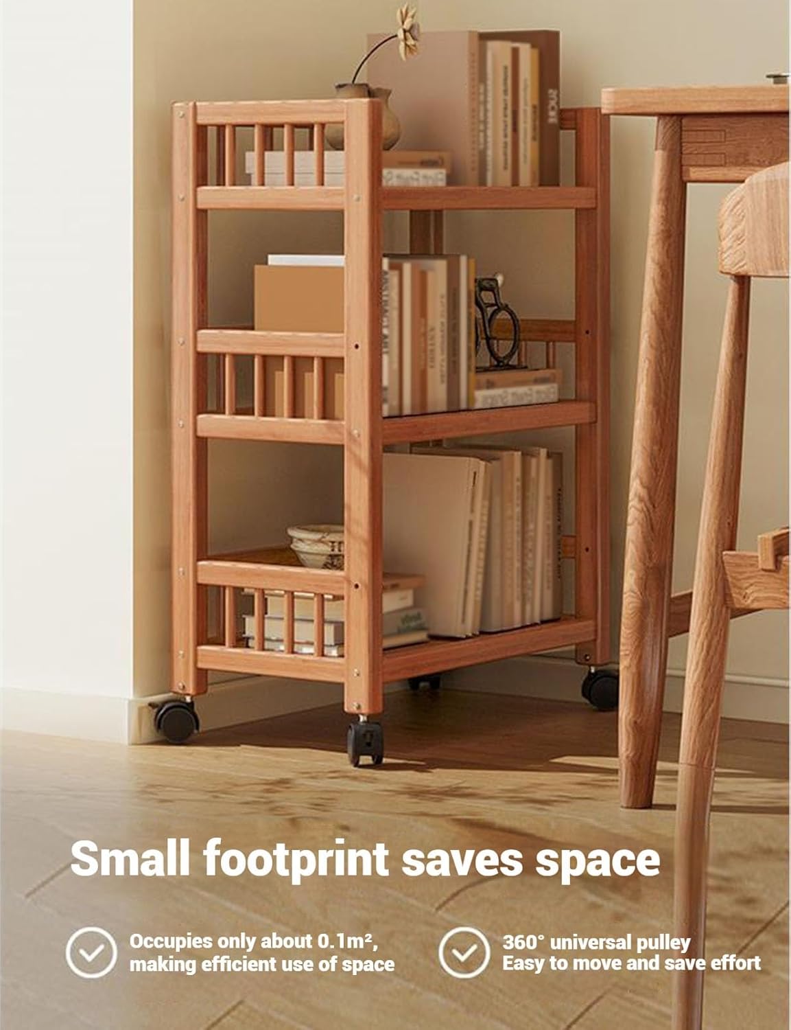 Rolling Book Cart with Wheels，3Tier Wood Library Cart， Book Rack Storage Bookshelf for Home Office Living Room Classroom Load 50kg(70cm)