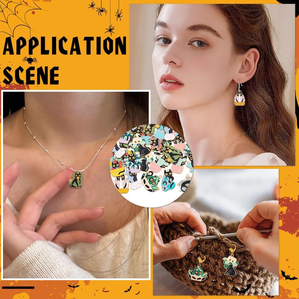 48Pcs 12 Style Alloy Enamel Halloween Cat Charms Cute Cat Charms Mixed Color Small Enamel Dangle Kitty Charm Bulk for Halloween DIY Necklace Bracelet Earring Jewelry Craft Decoration - Image 4