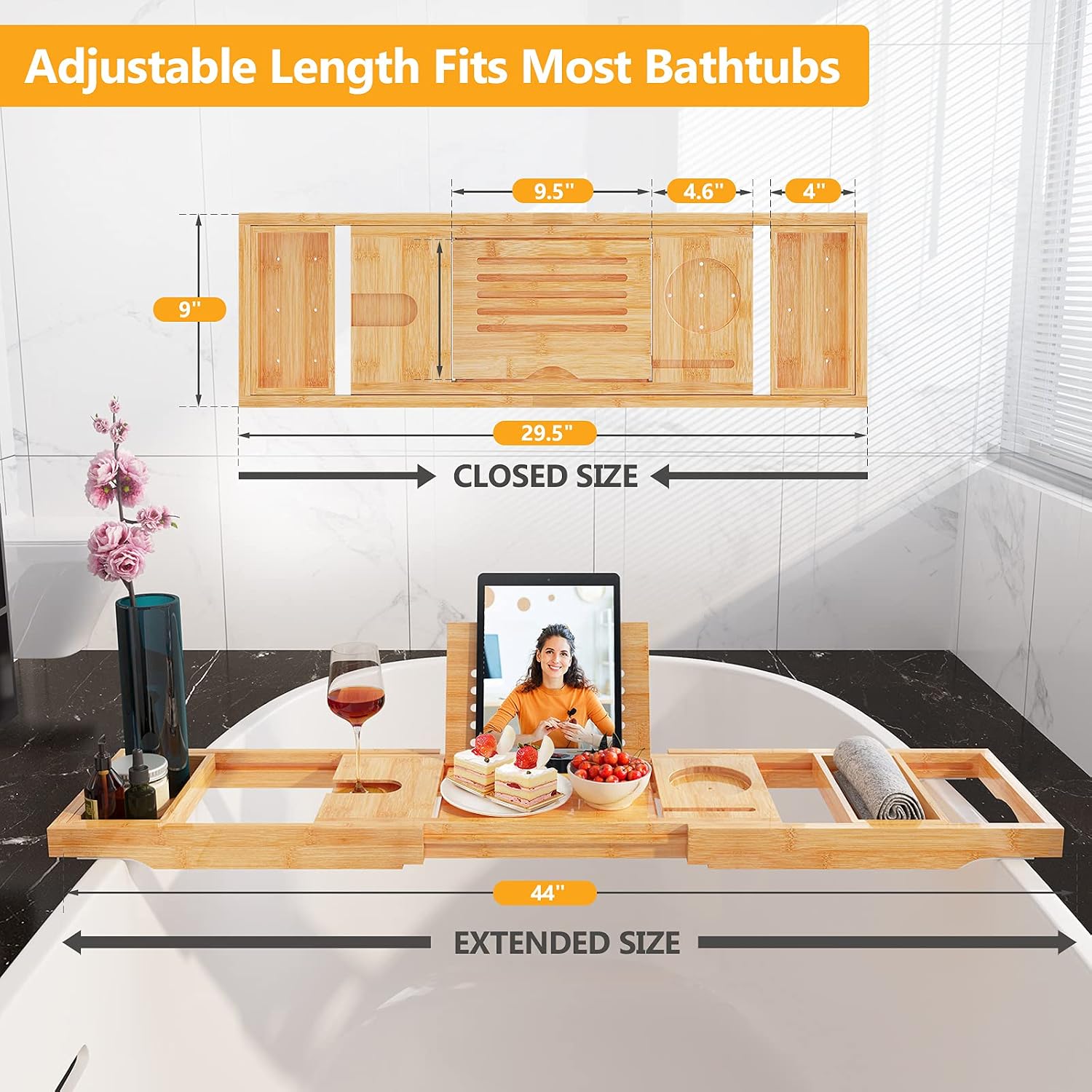 Bathtub Tray Caddy Bamboo 2 in 1 Bath Tub Tray Bed Tray Expandable Luxury with Legs, Wine Glass Holder, Tablet Reading Stand, Phone Slot by FURNINXS