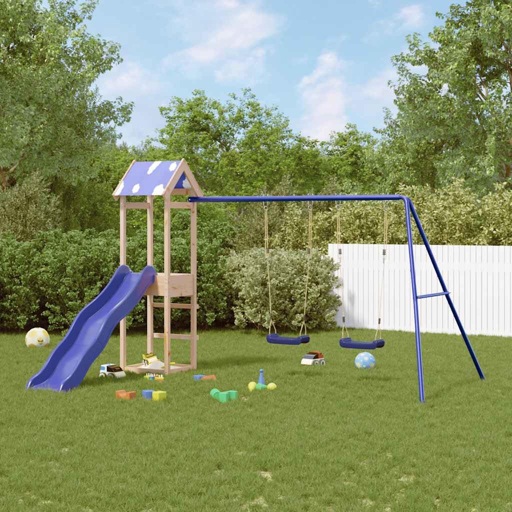 Spielturm Massivholz Kiefer mit Wellenrutsche und Doppelschaukel, Klettergerüst für Garten und Terrasse, Outdoor Spielplatz mit Sandkasten, Robustes Gartenspielzeug für Kinder ab 3 Jahren