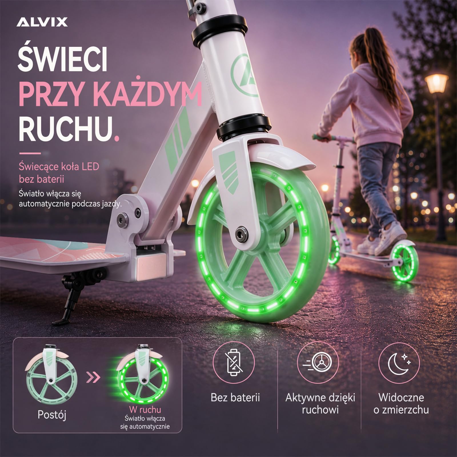 ALVIX Hulajnoga dziecięca z kołami LED, regulowana wysokość, kółka 200 mm, składany skuter z paskiem do noszenia, szeroki pokład do 100 kg