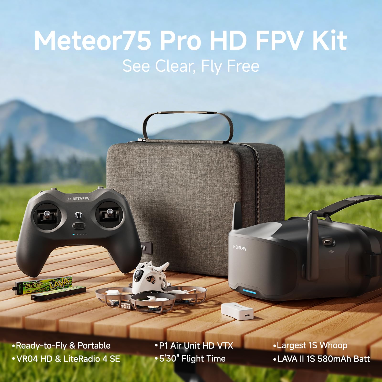 BETAFPV Meteor75 Pro P1 HD FPV Kit, LiteRadio 4 SE, VR04 HD Goggles, 1S RTF | P1 Air Unit VTX 1080P with LAVA II 580mAh Lipo Bat Up to 6Min, Simulator, DVR Function, Portable Bag Ready to Fly for Cine