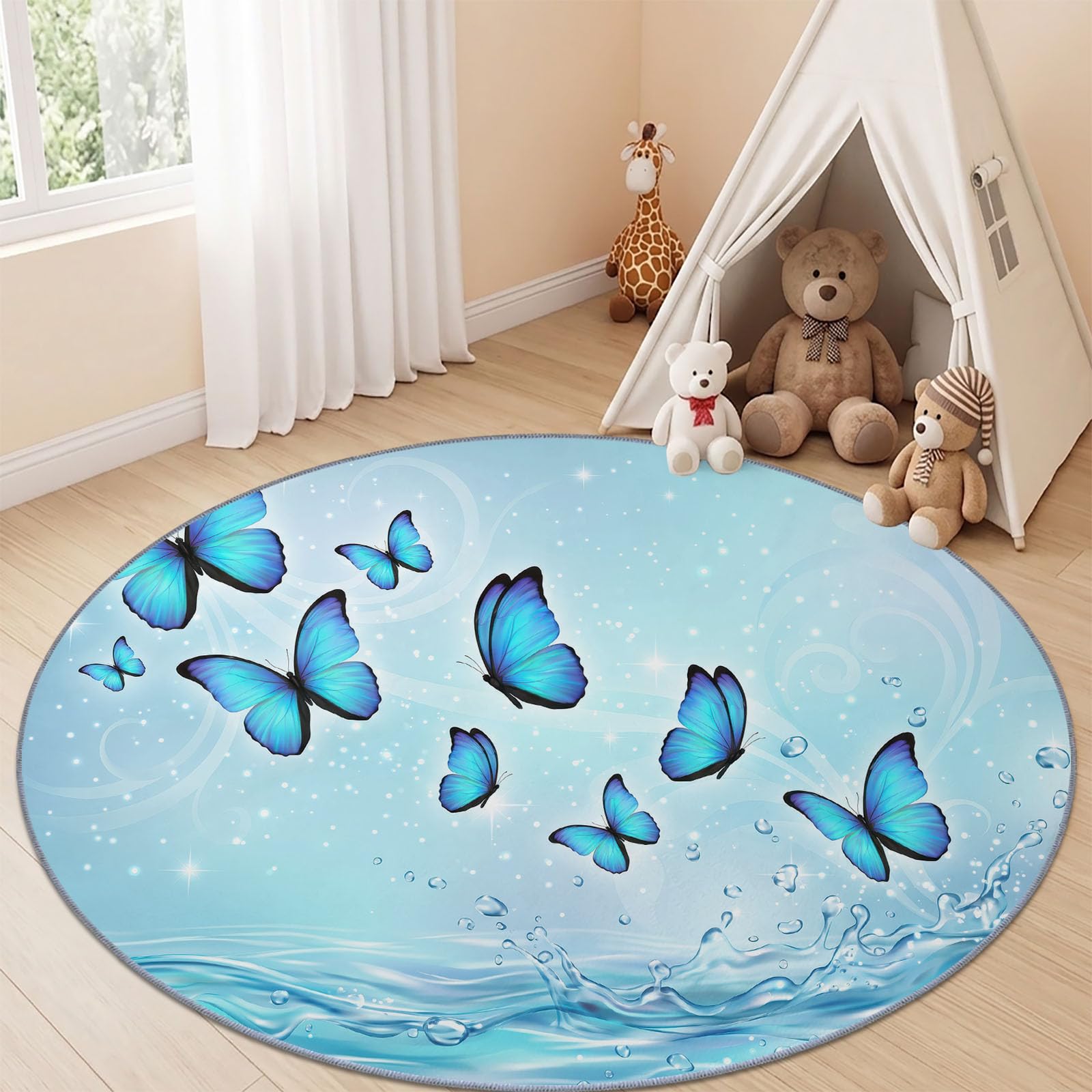 Alfombra redonda de 160 cm con diseño de mariposas azules y gotas de agua, lavable, alfombra de cuarto de bebé, alfombra de juegos para niños y niñas, alfombra de suelo, antideslizante, suave, color