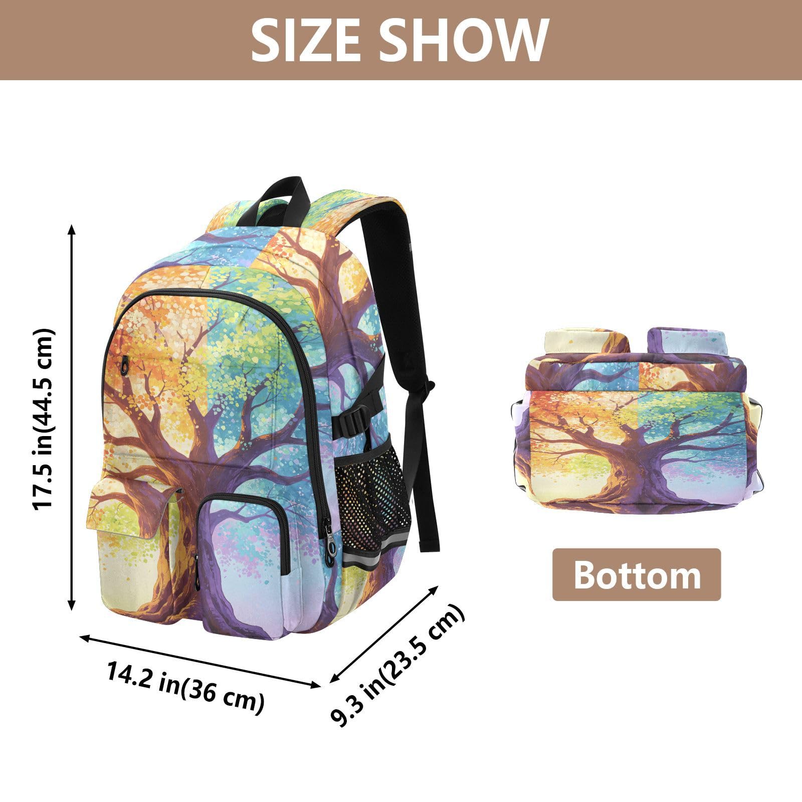 Rucksack mit buntem Baummuster und mehreren Taschen für Schule, Reisen, Outdoor, Uni, 44,5 cm (17,5 Zoll) Laptop-Rucksack für Damen und Herren