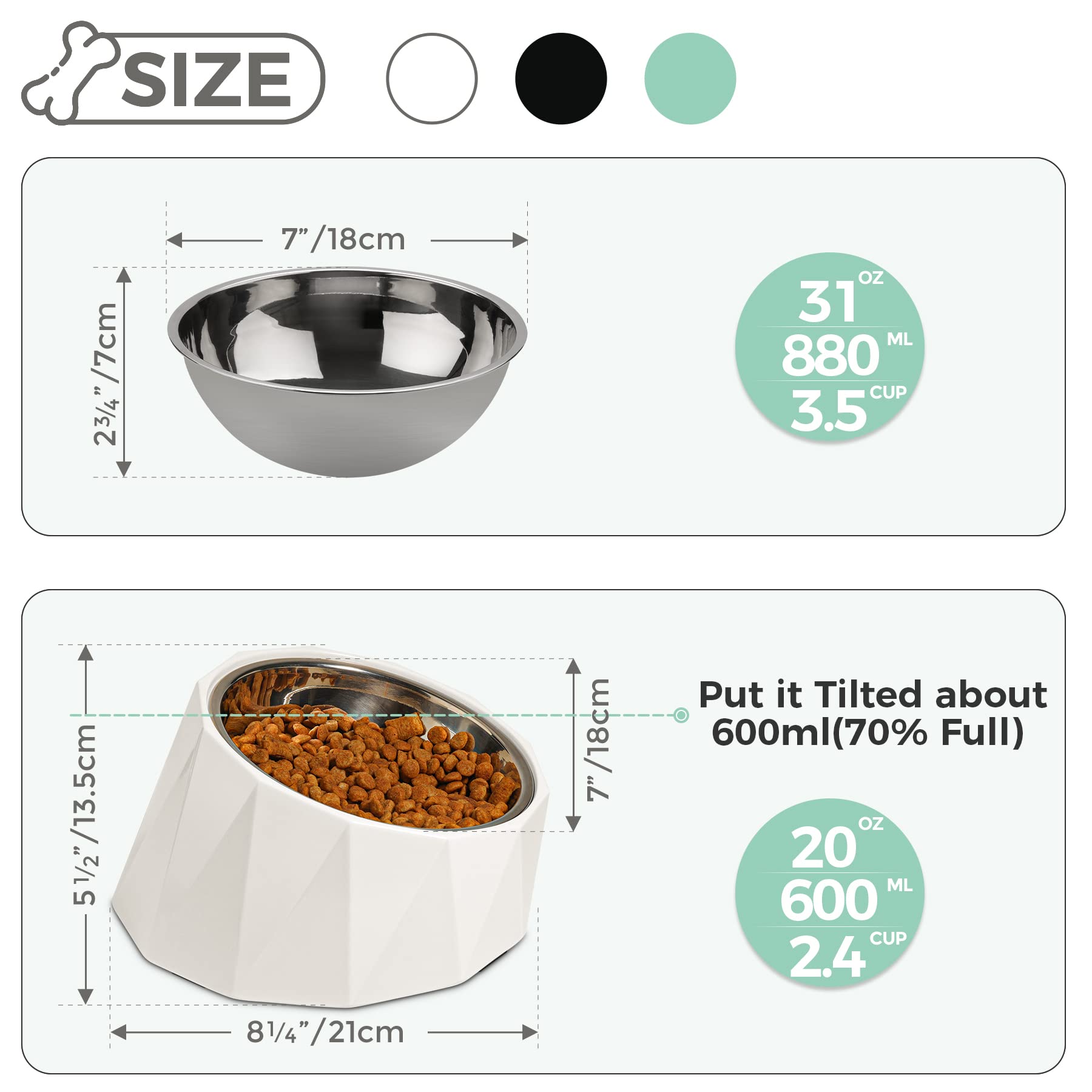 ComSaf Ciotola per Cani inclinata in Acciaio Inox da 15 ° inclinata per Cani e Gatti, Ciotola per Alimentazione Antiscivolo e Non fuoriuscite con Supporto in melamina Rimovibile, Bianco