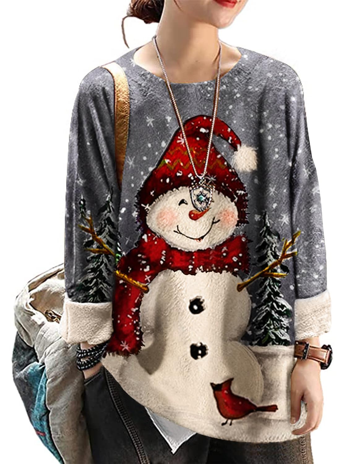 YESNO Women Christmas Sweater Graphic Printed Oversized Pullover Sweaters Casual Loose Knit Tops S01