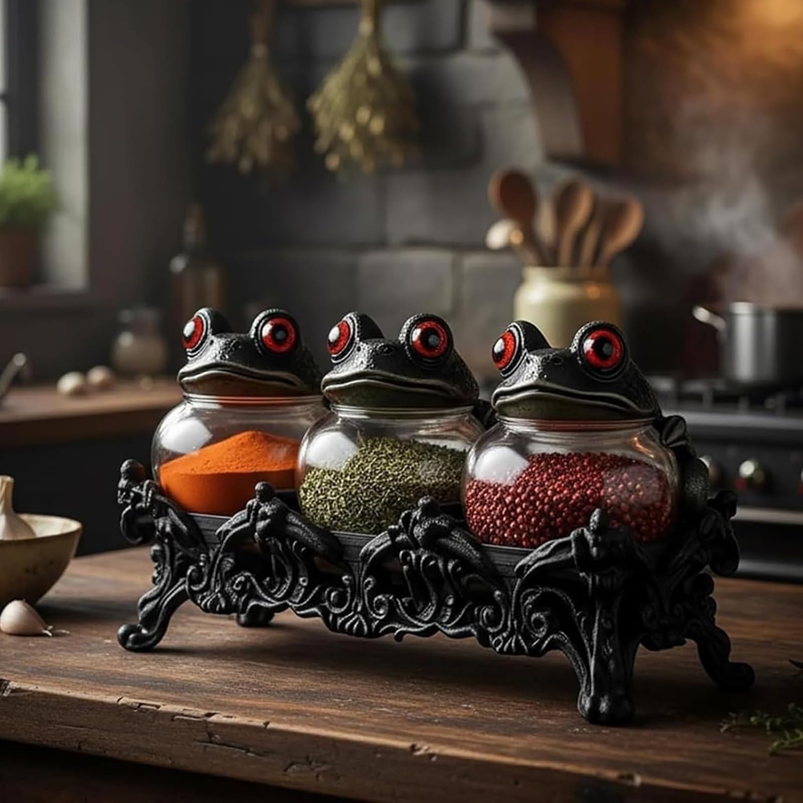 Witchy Frog Apotheker-Gewürzgläser, Vintage-Glas-Vorratsdosen mit Froschdeckel, für Gewürze, Kräuter, Tee, Badesalz und Heimdekoration (2)